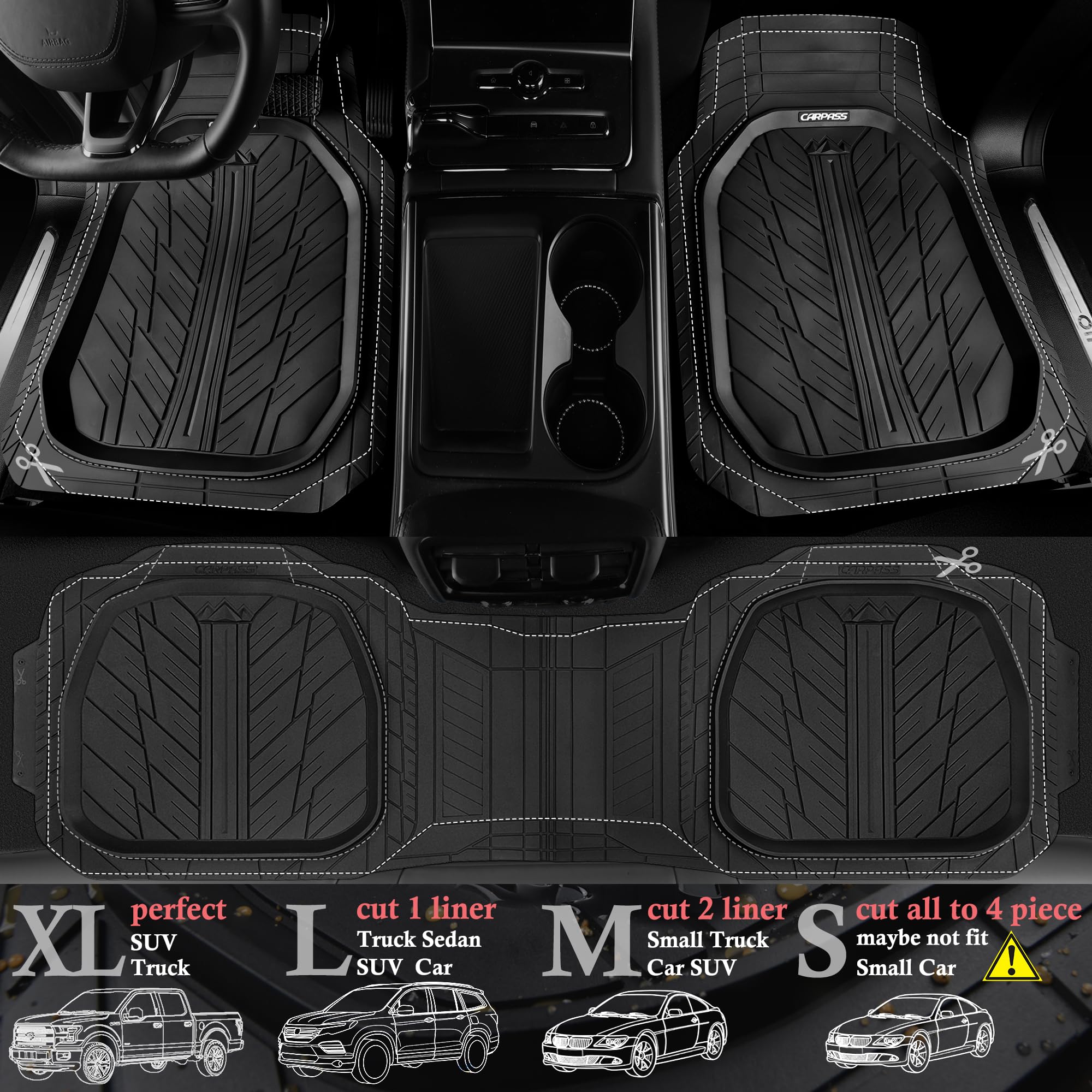 Car Pass Deepdish Heavy Duty Rubber Floor Mats 3-Piece, Universal Mxl Size Trim-To-Fit Automotive Floor Mats For Truck Van Suv,