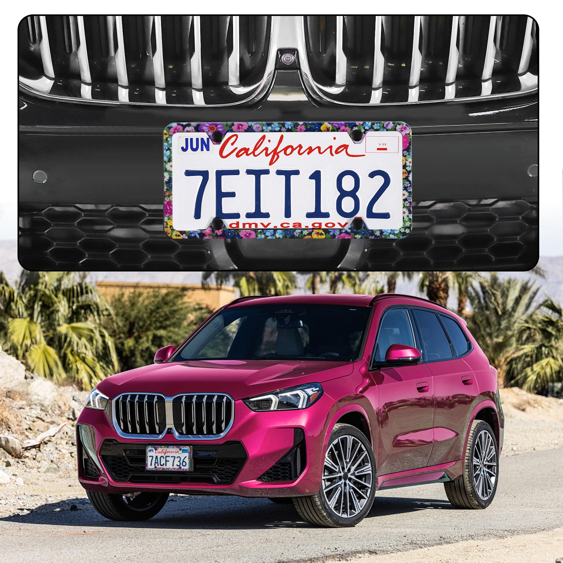 Livtee Flower Floral License Plate Frames, 4 Holes Stainless Steel License Plate Covers, 2Pcs Car License Plate Holder, Automoti