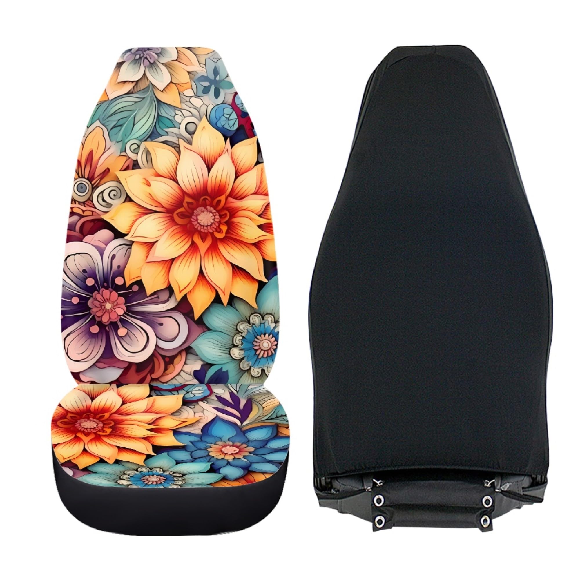 Bigcarjob Blossoms Flower Car Seat Covers For Womens,Full Set Of 2 Pcs Bohemian Floral Style Auto Front Seat Protector Durable S