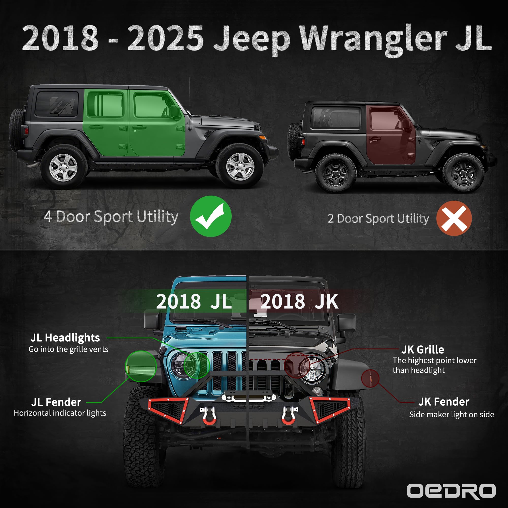 Oedro Running Boards With Two Stairs Design All-Steel Build, Bolt-On Side Steps Compatible With 2018-2025 Jeep Wrangler Jl 4 Doo