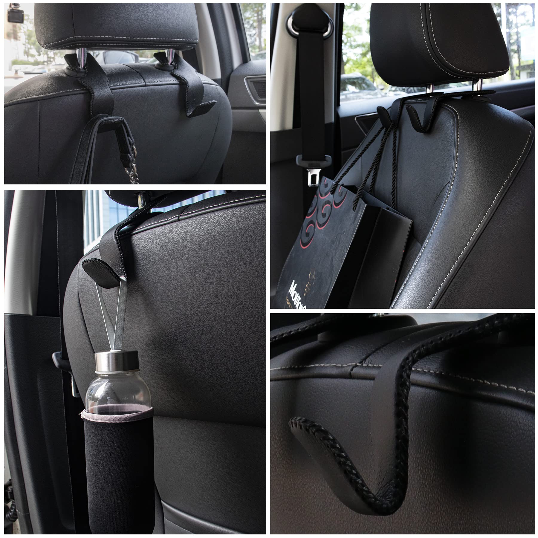 Livtee Black Superior Leather Car Seat Back Headrest Hooks, Auto Seat Hook Hangers Interior Accessories For Purse Coats Umbrella