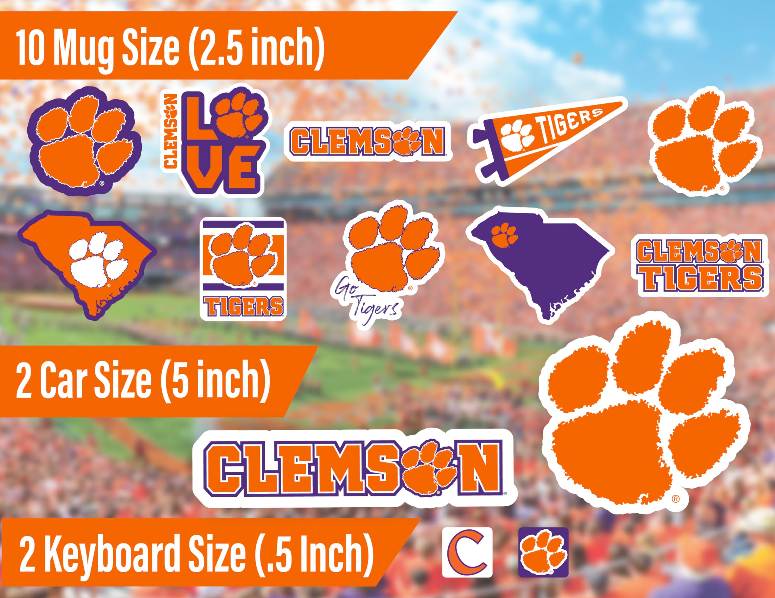 Clemson Stickers (14 Stickers) 2 Large 5'' For Car Windows 10 Medium 2.5'' For Water Bottles Laptops Phones And 2 Mini Keyboard