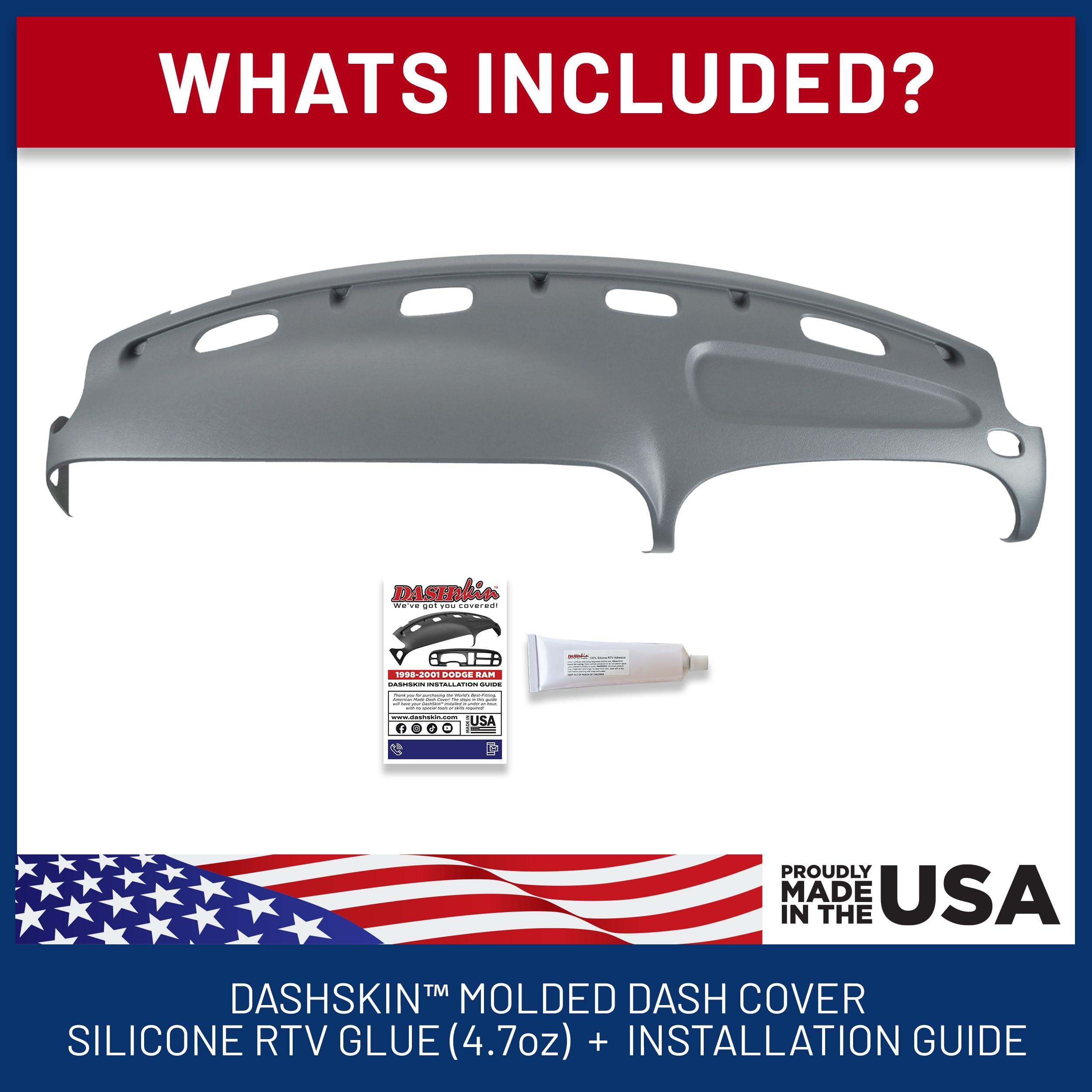 Dashskin Molded Dash Cover Cap Compatible With 1998 1999 2000 2001 Dodge Ram 1500 (98-02 Ram 2500 & 3500) In Mist Grey - Made In