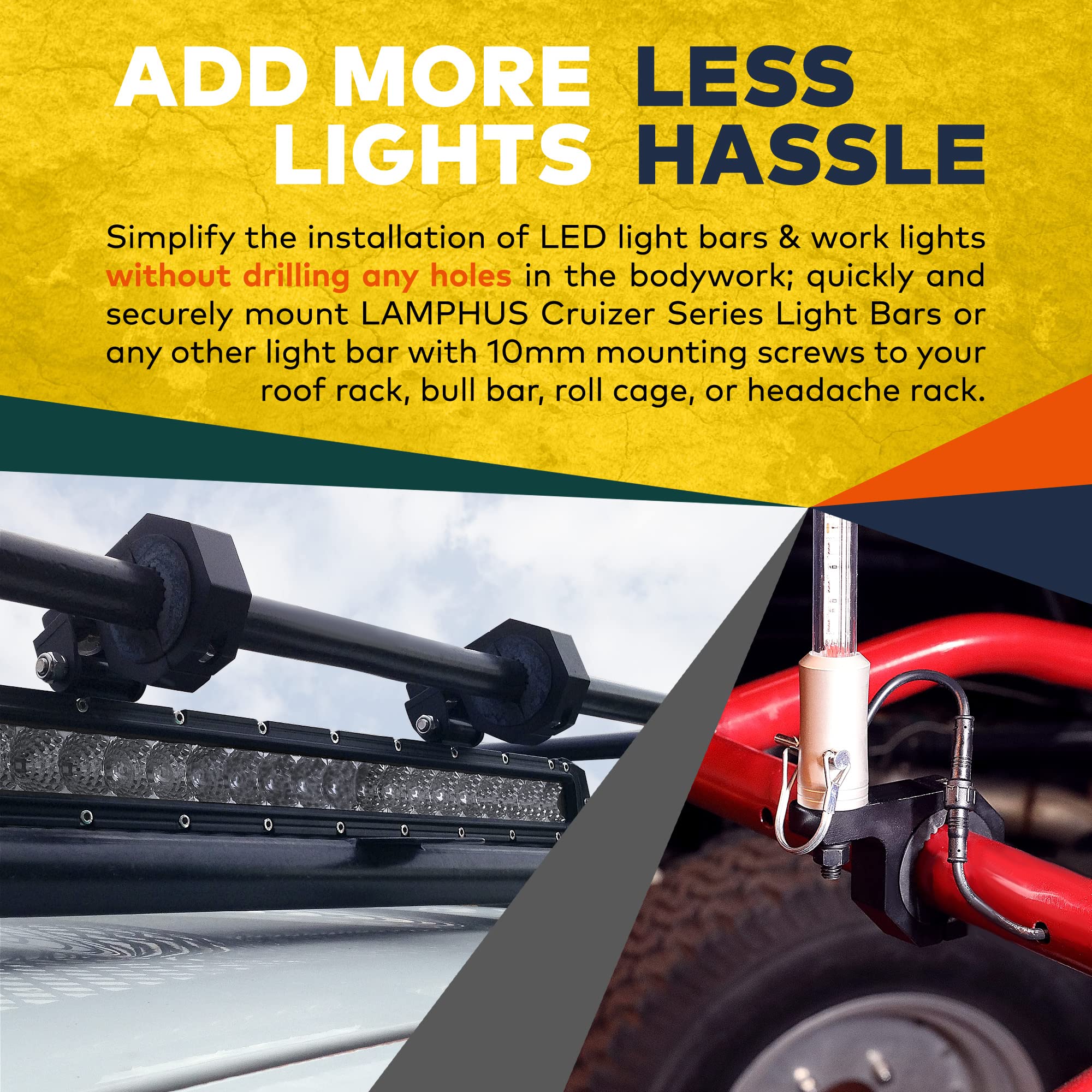 Lamphus Off-Road Light Mounting Bracket Bar Clamp Kits [1''/1.5''/1.75''/2'' Inch] [Horizontal Bar] [Aluminium] [2 Units] Bull R