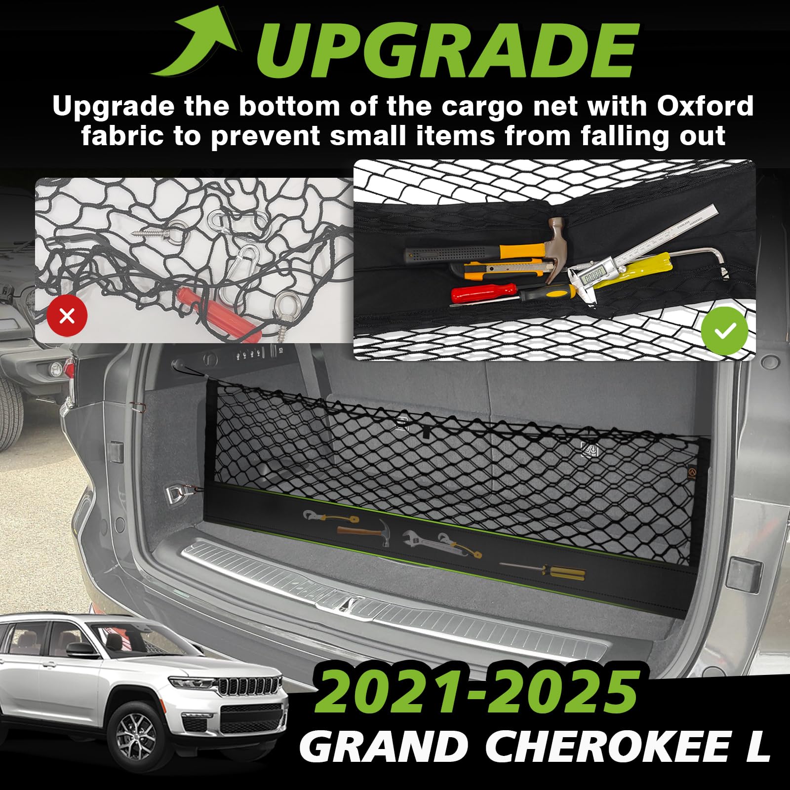 Muslogy Envelope Style Trunk Cargo Net Compatible With 2021-2024 2025 Jeep Grand Cherokee L Accessories Custom Fit Trunk Organiz