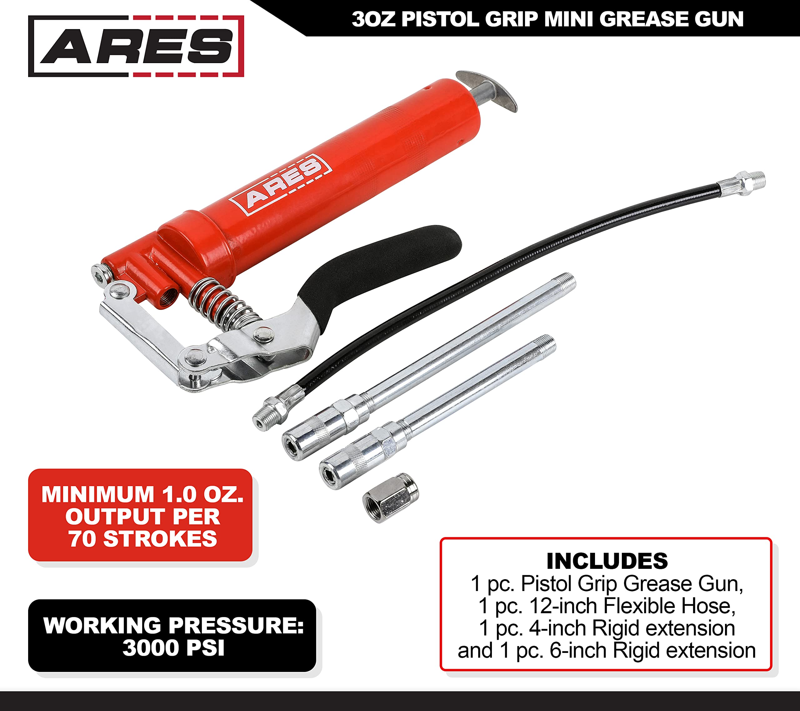 Ares 53011 - 3Oz Pistol Grip Mini Grease Gun - Includes 12-Inch Flex Hose And 4-Inch And 6-Inch Straight Extensions - 3000 Psi W