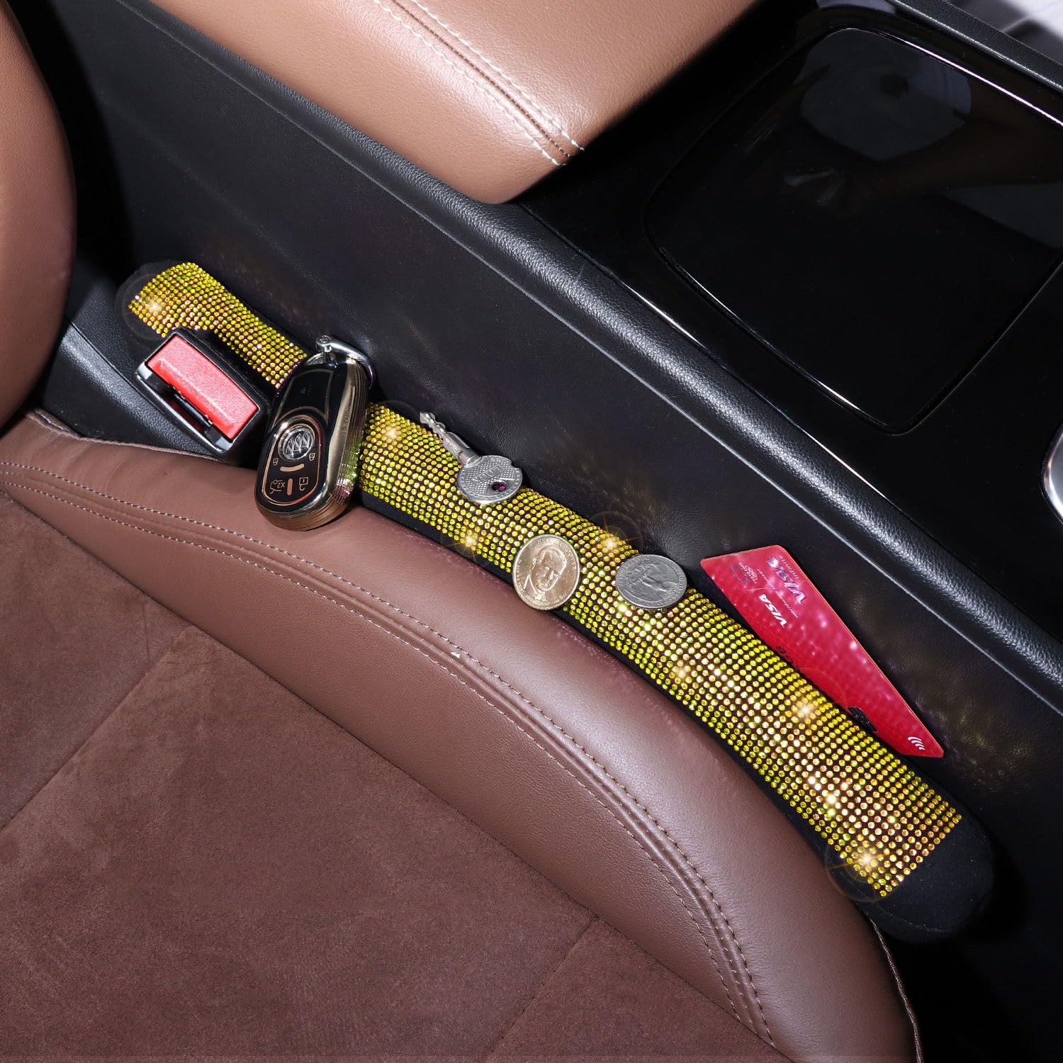 Tobequeen Yellow Car Gap Filler 2 Pack, Seat Gap Plug Universal Fit For Car Suv Truck, Handmade Crystal Diamond Rhinestone Yello