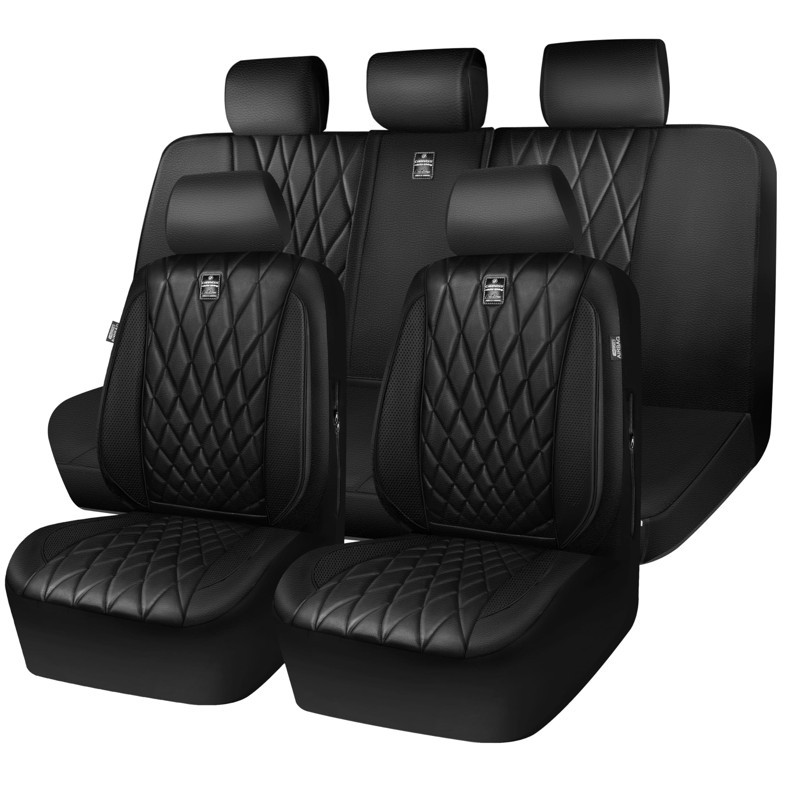 Car Pass 5 Seats Piping Luxury Faux Leather Seat Covers Full Set, Anti-Slip Waterproof Seat Covers Compatible With Front Armrest