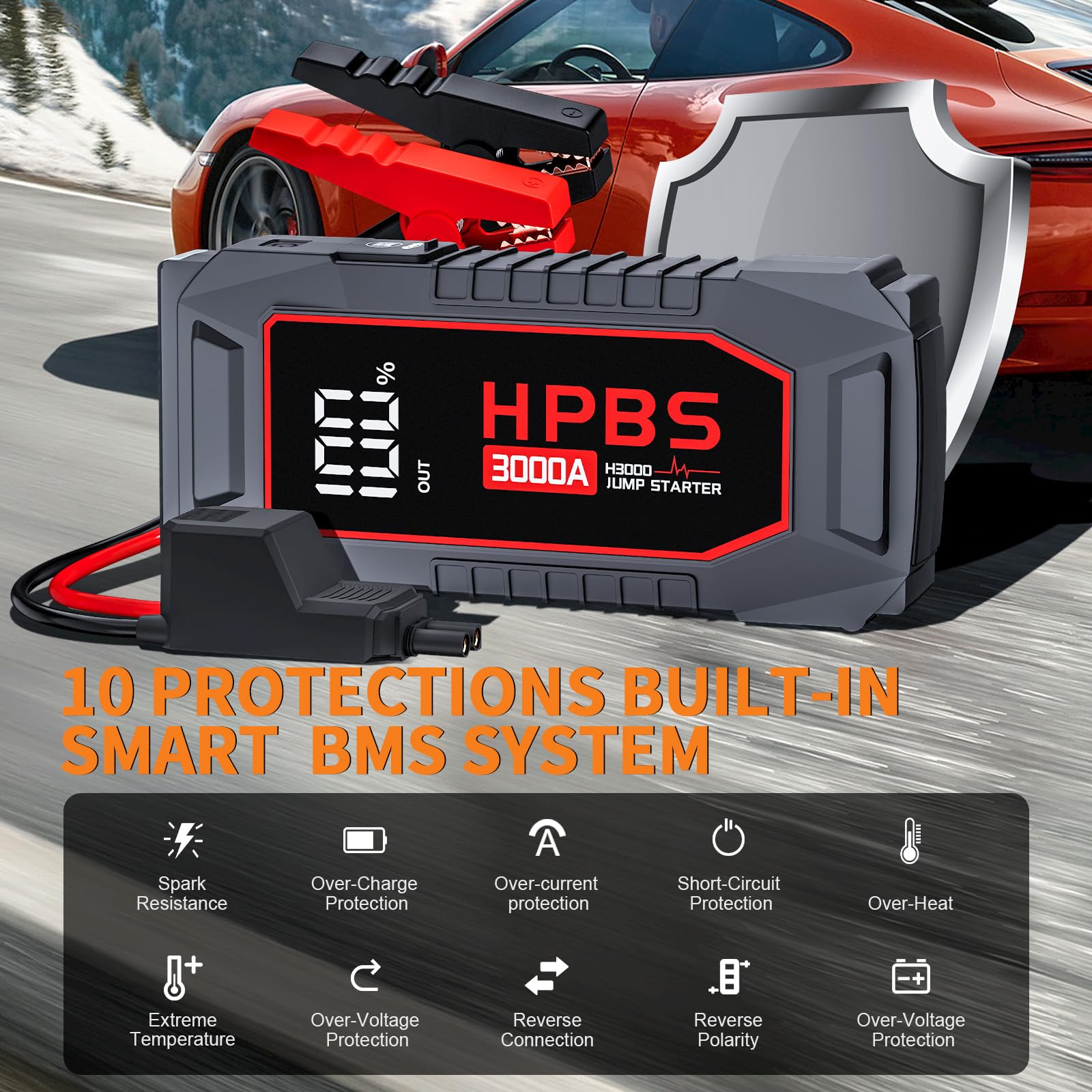 Hpbs Jump Starter - 3000A Car Battery Jump Starter For Up To 10L Gas And 8L Diesel Engines, 12V Portable Battery Jump Starter Bo