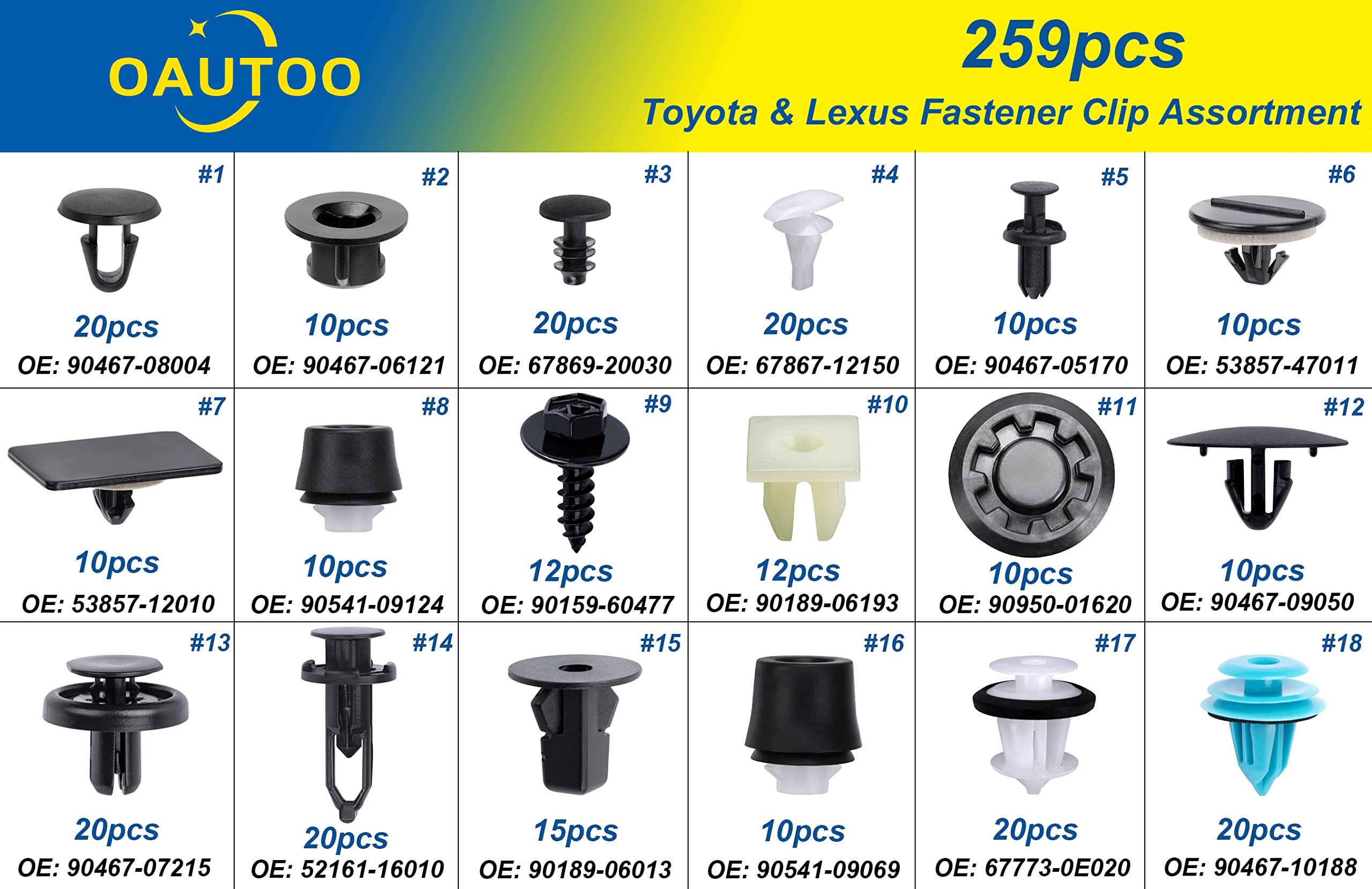 OAUTOO 259pcs Retainer Clip Assortment for Lexus & Camry - Nylon, Black, One Size, Model QT514