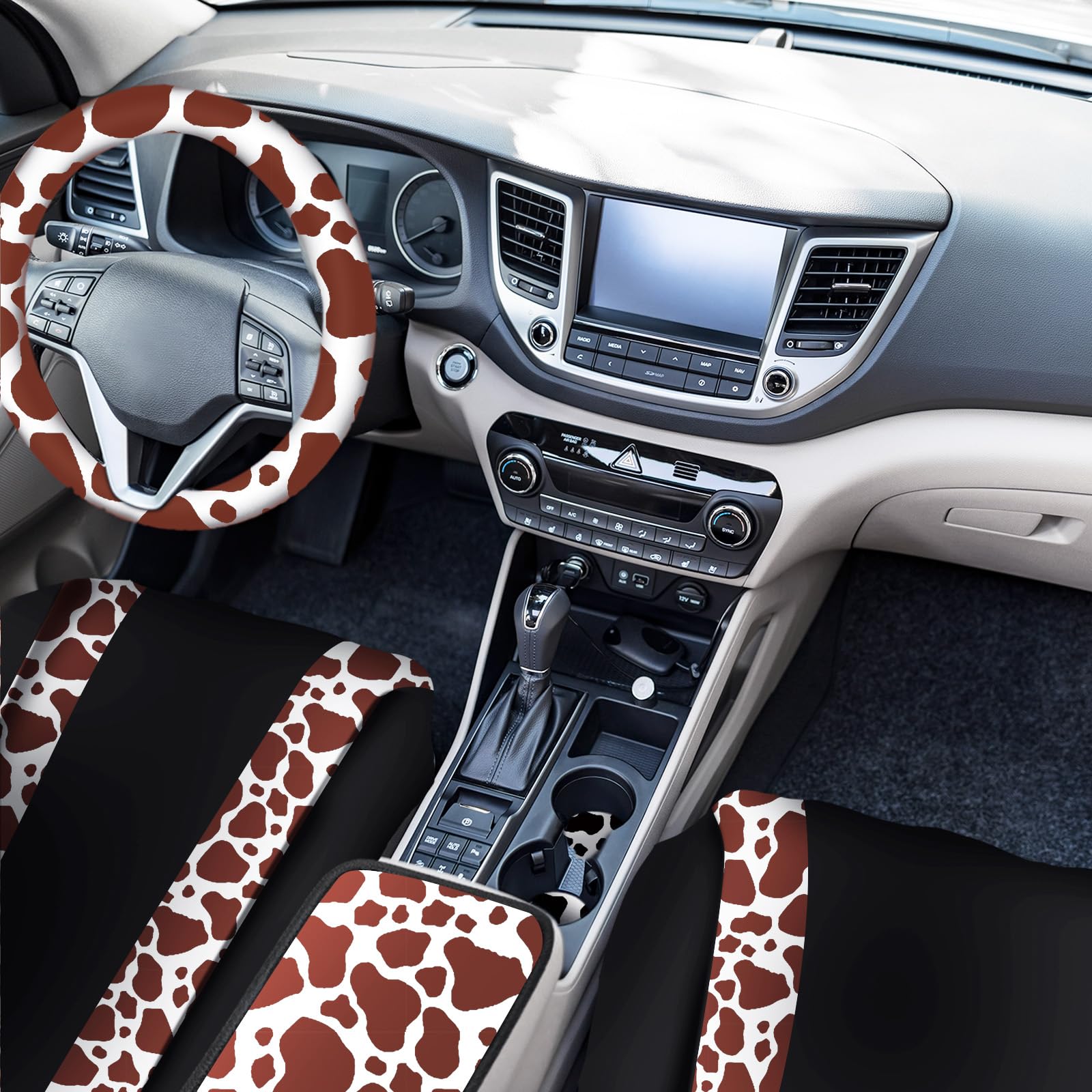 Frienda 13 Pcs Cow Print Car Seat Cover Full Set for Women Men Print Car Accessories Rubber Steering Wheel Armrest Pad Cover Sea