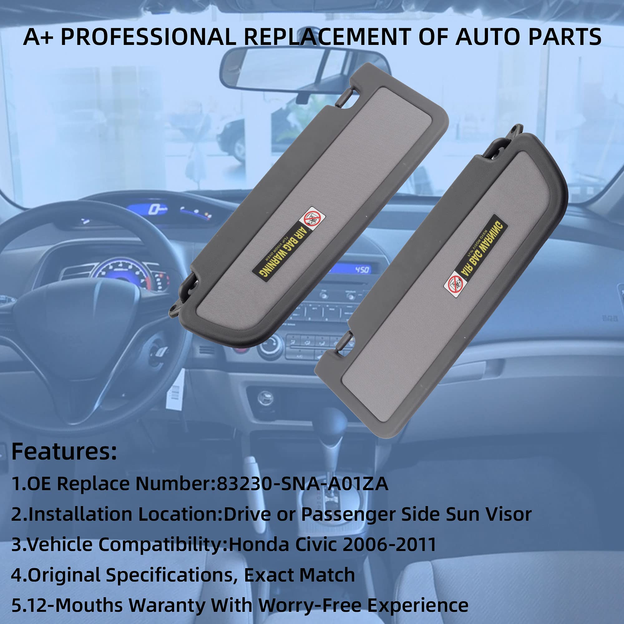 Dasbecan Atlas Gray Pair Sun Visor Compatible With Honda Civic 2006-2011 Replaces# 83280-Sna-A01Za 83280-Sna-A01Zb 83230-Sna-A01Za 83230-Sna-A01Zb