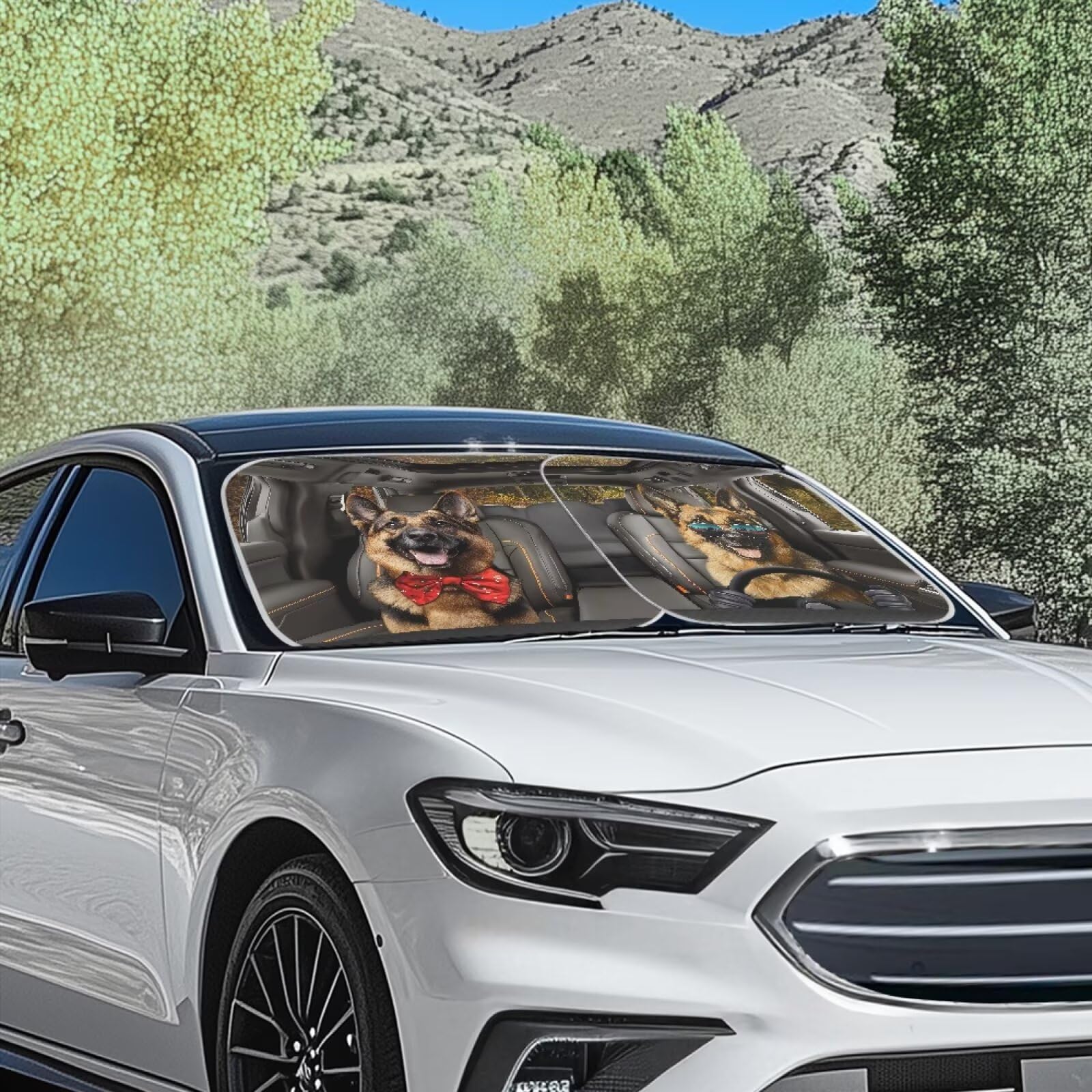 Renewold 2Pcs Sunshade For Car Windshield German Shepherds Animal Driving Reflective Blocks Heat Sunlight Foldable Sun Shade Shi