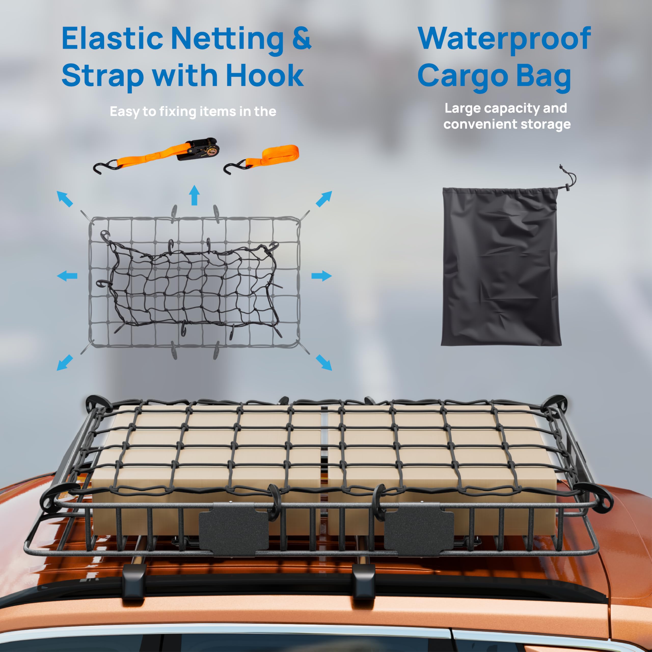 Tuffiom 250Lbs 64 X 39 X 6 Inch Extendable Roof Top Cargo Carrier Basket W/Net+Storage Bag+Footrest+Straps, Heavy Duty Rooftop L