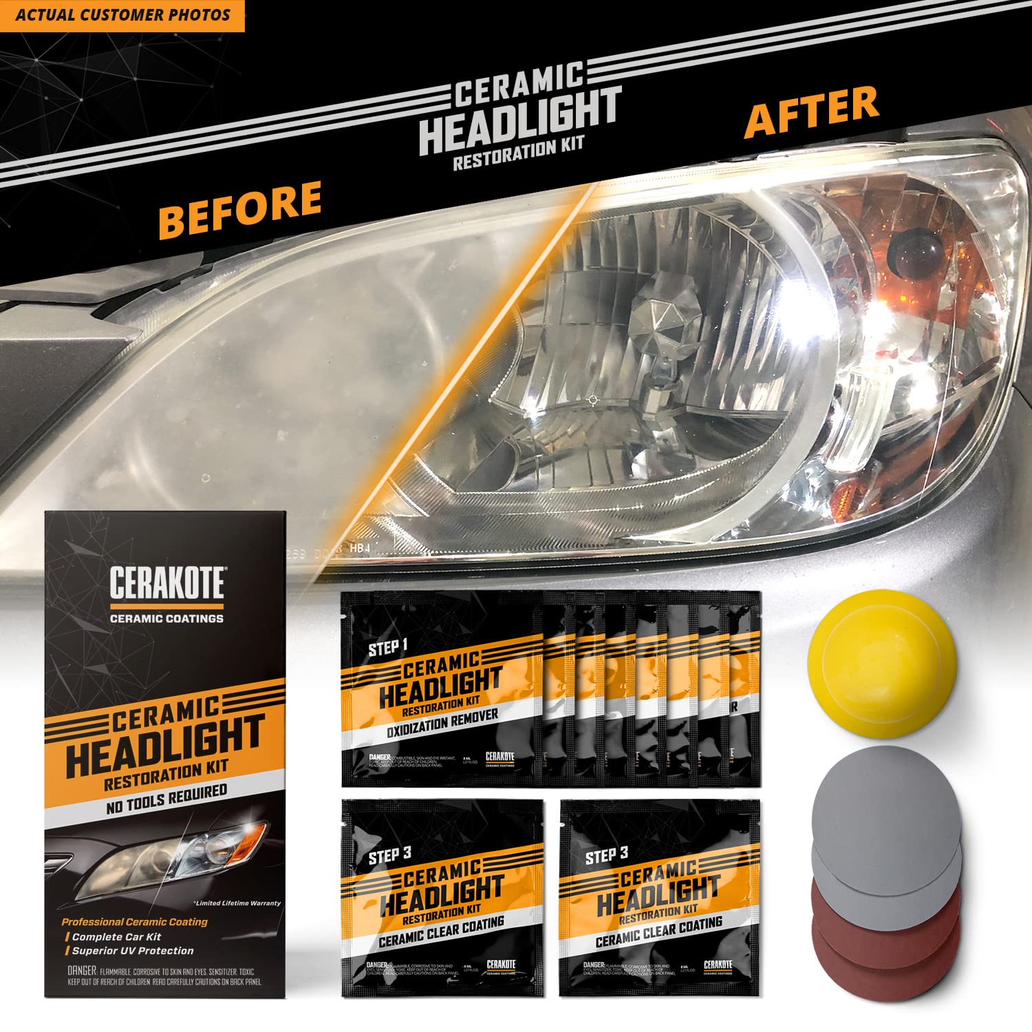 Cerakote® Ceramic Headlight Restoration Kit - Guaranteed To Last As Long As You Own Your Vehicle - Brings Headlights Back To Like New Condition - 3 Easy Steps - No Power Tools Required