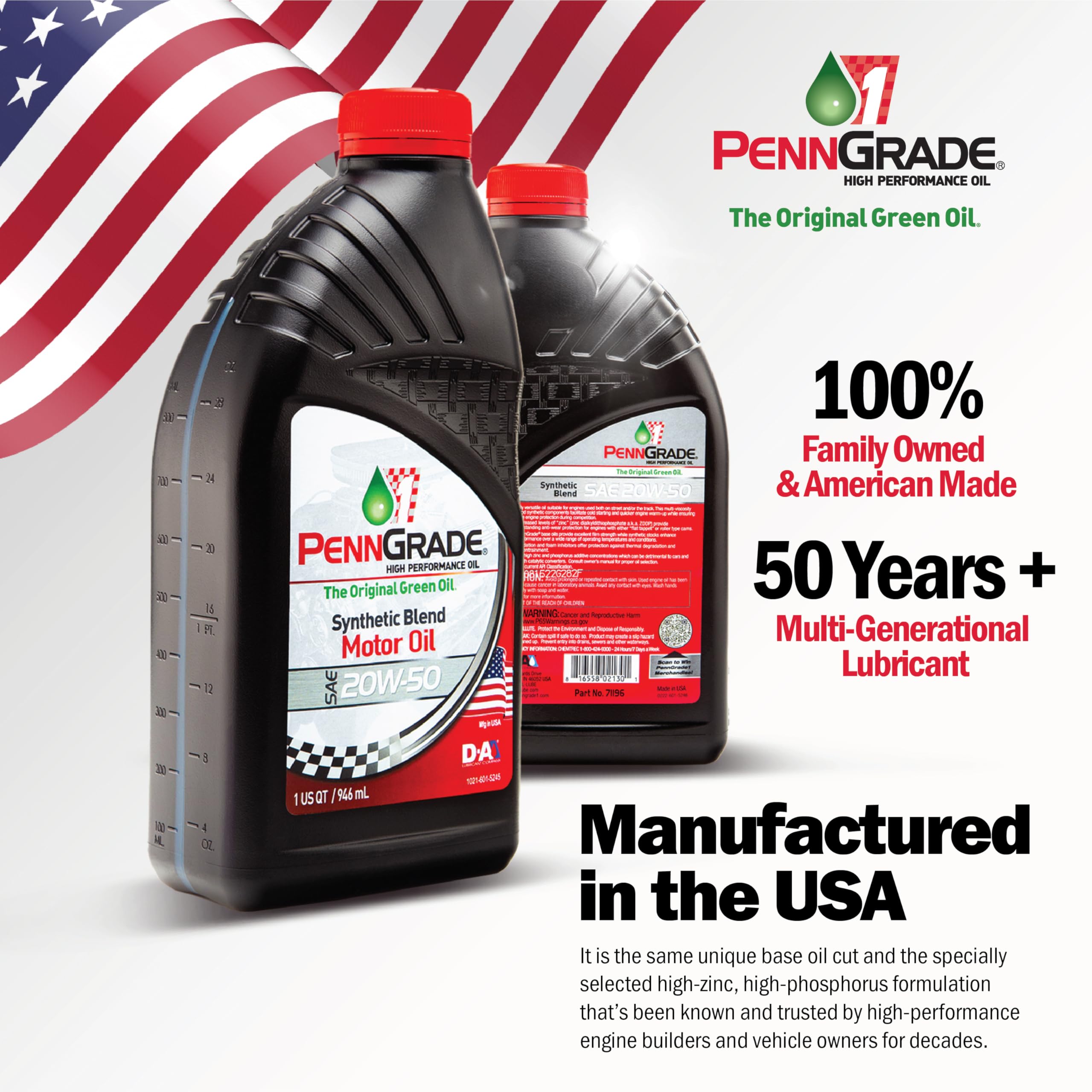 Penn Grade 1, 71196, Synthetic Blend High Performance Oil Sae 20W-50, 1 Quart (12 Pack)