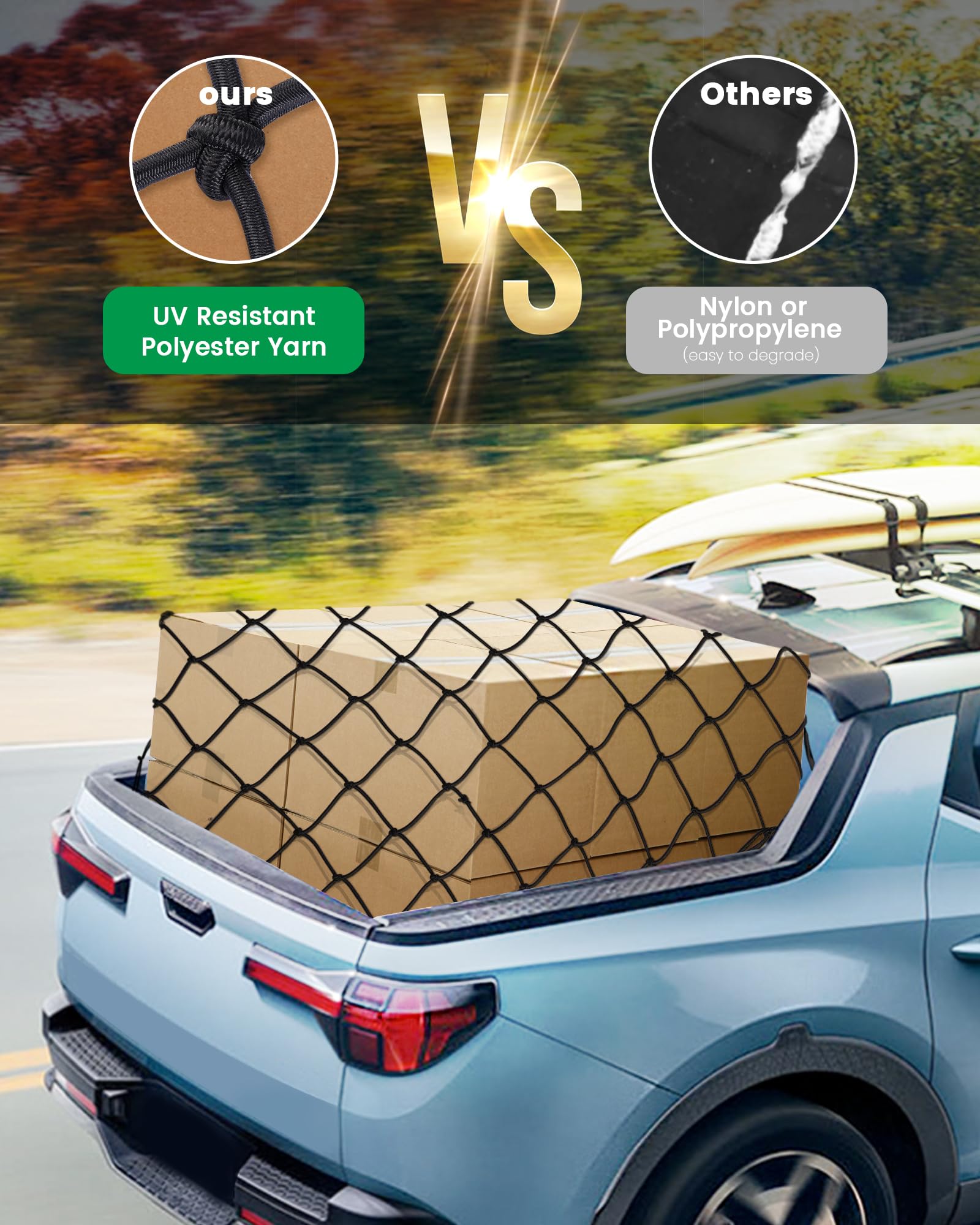 The First Flat Motorcycle Cargo Net, 15''x15'' Bungee Net with 2''x2'' Small Mesh and S Metal Hooks, Easy to Stretches to 32''x3