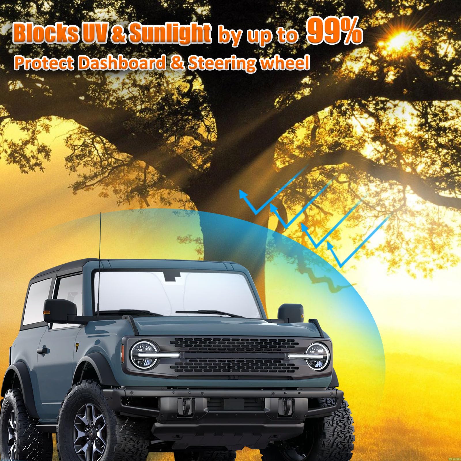 TOPINSTALL Foldable Windshield Sunshade Compatible with Ford Bronco 2/4-Door 2021-2025, Front Window Sun Protector with Storage