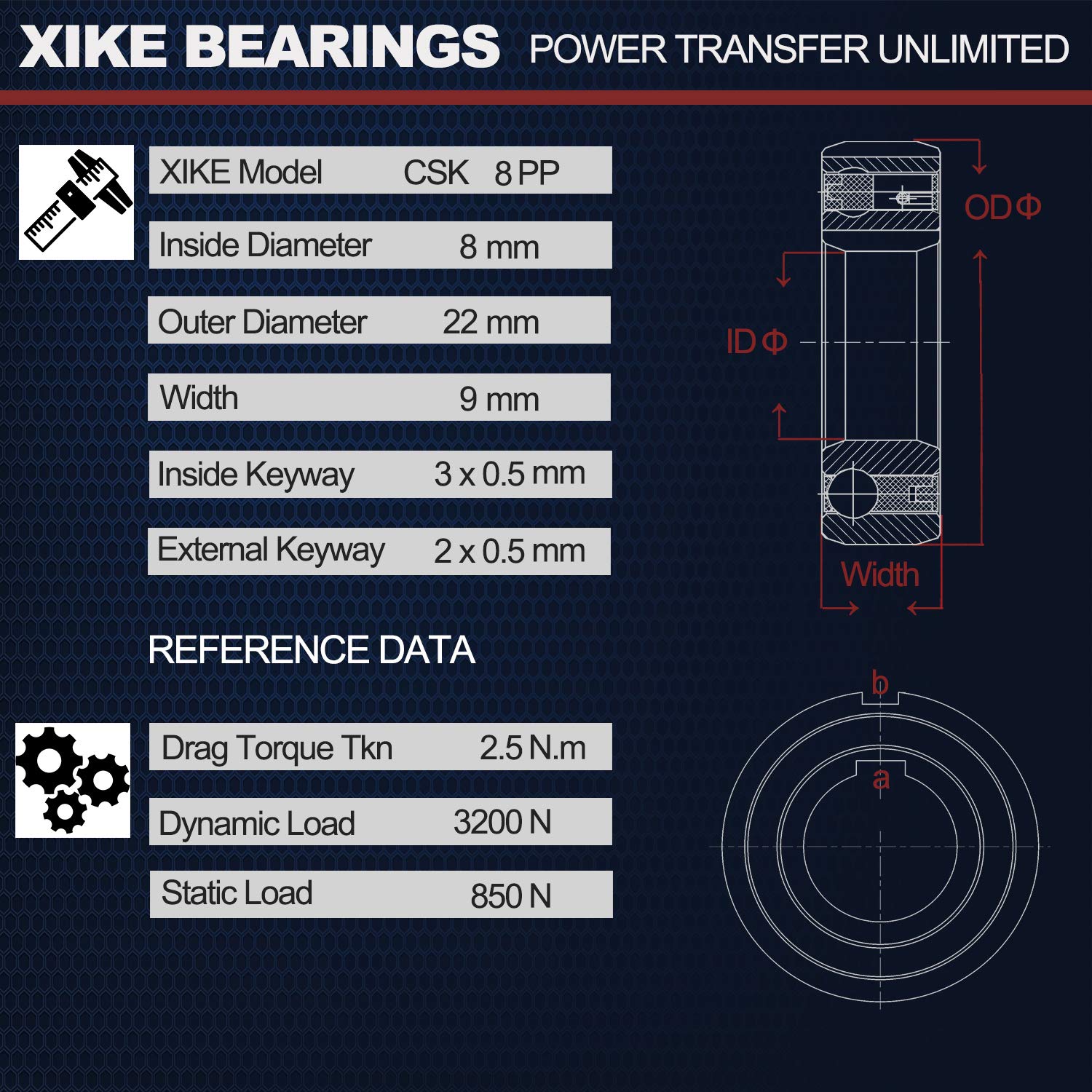 Xike 1 Pack Csk8Pp Bearings 8X22X9Mm, One Way Bearing With Keyway Sprag Or Clutch Freewheel Backstop.