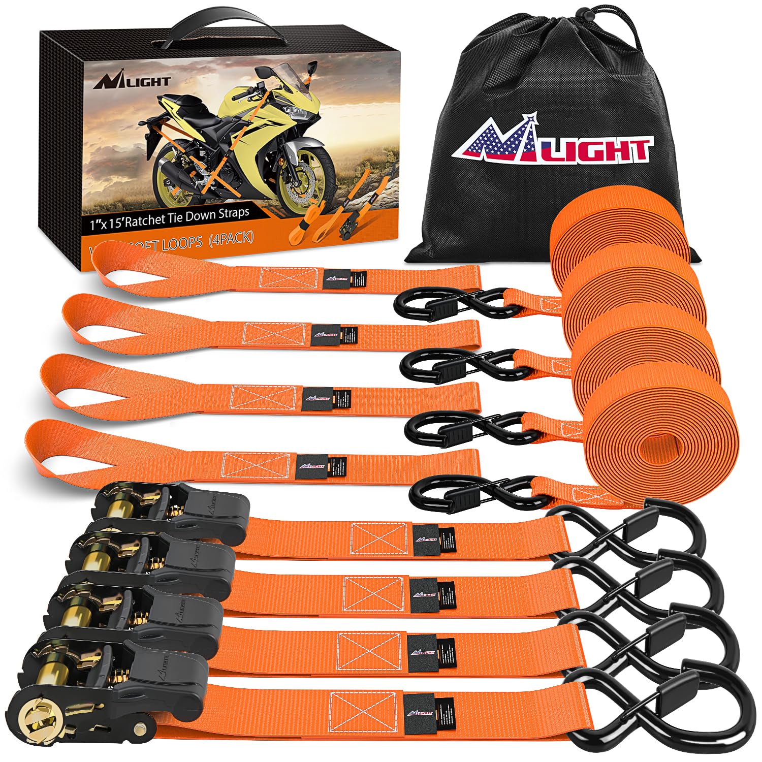 Nilight Ratchet Tie Down Straps 4500Lbs Max Break Strength 1     15 Heavy Duty Motorcycle Straps with S Hooks Rubber Handle and 