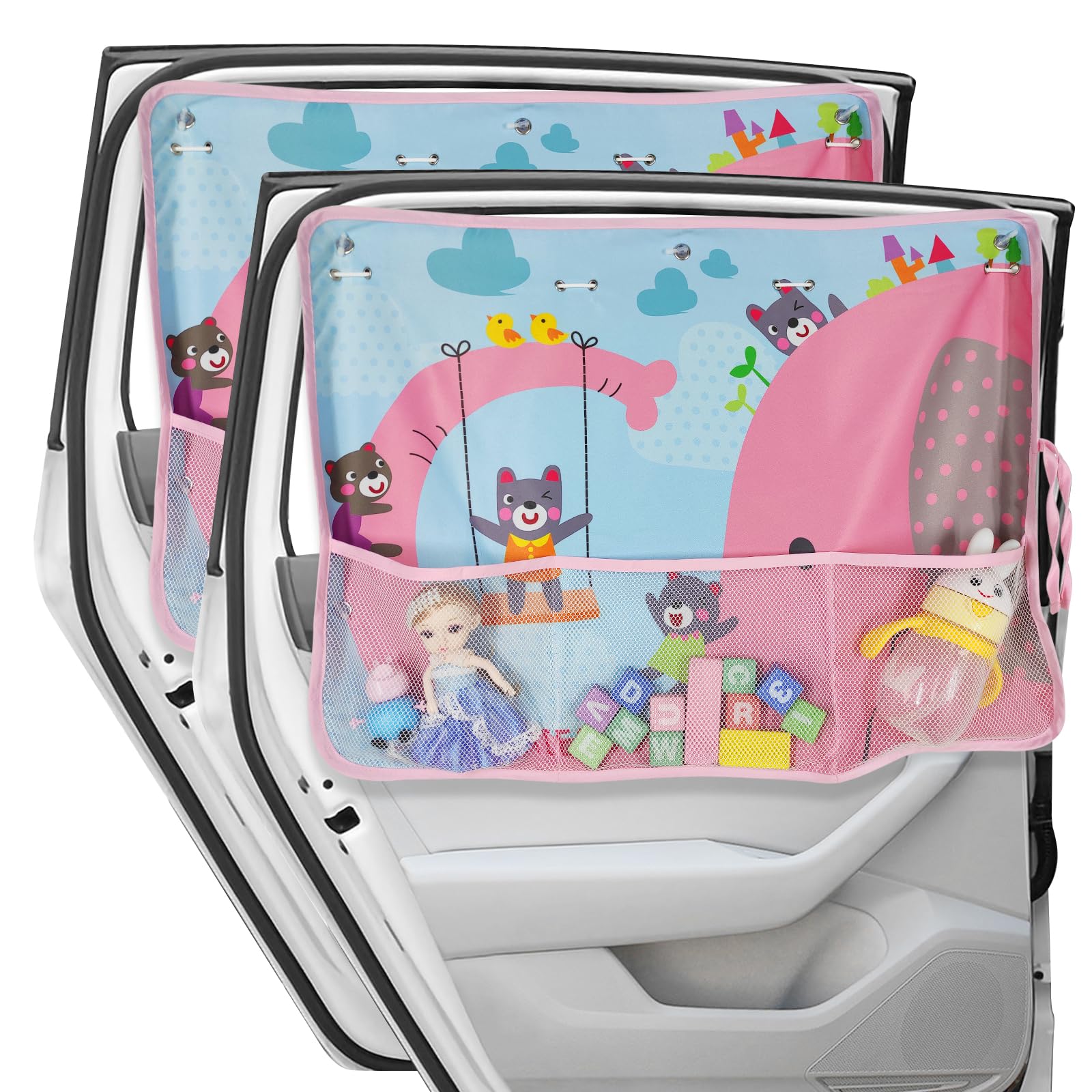 Diza100 Car Sun Shade For Window Baby, 2 Pack Full Shade Window Shades With Storage Net Pocket, 7 Suction Cups, Cute Elephant Fo