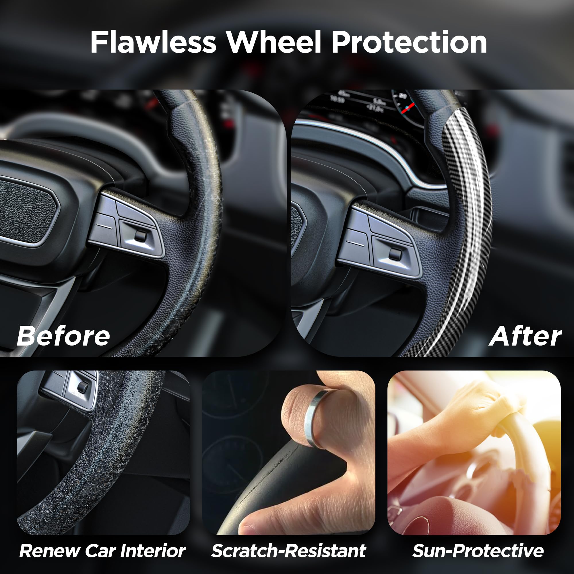 Benloc Hard Carbon Fiber Steering Wheel Cover, Universal Car Steering Wheel Cover Protector, Segmented Non-Slip Carbon Fiber Car