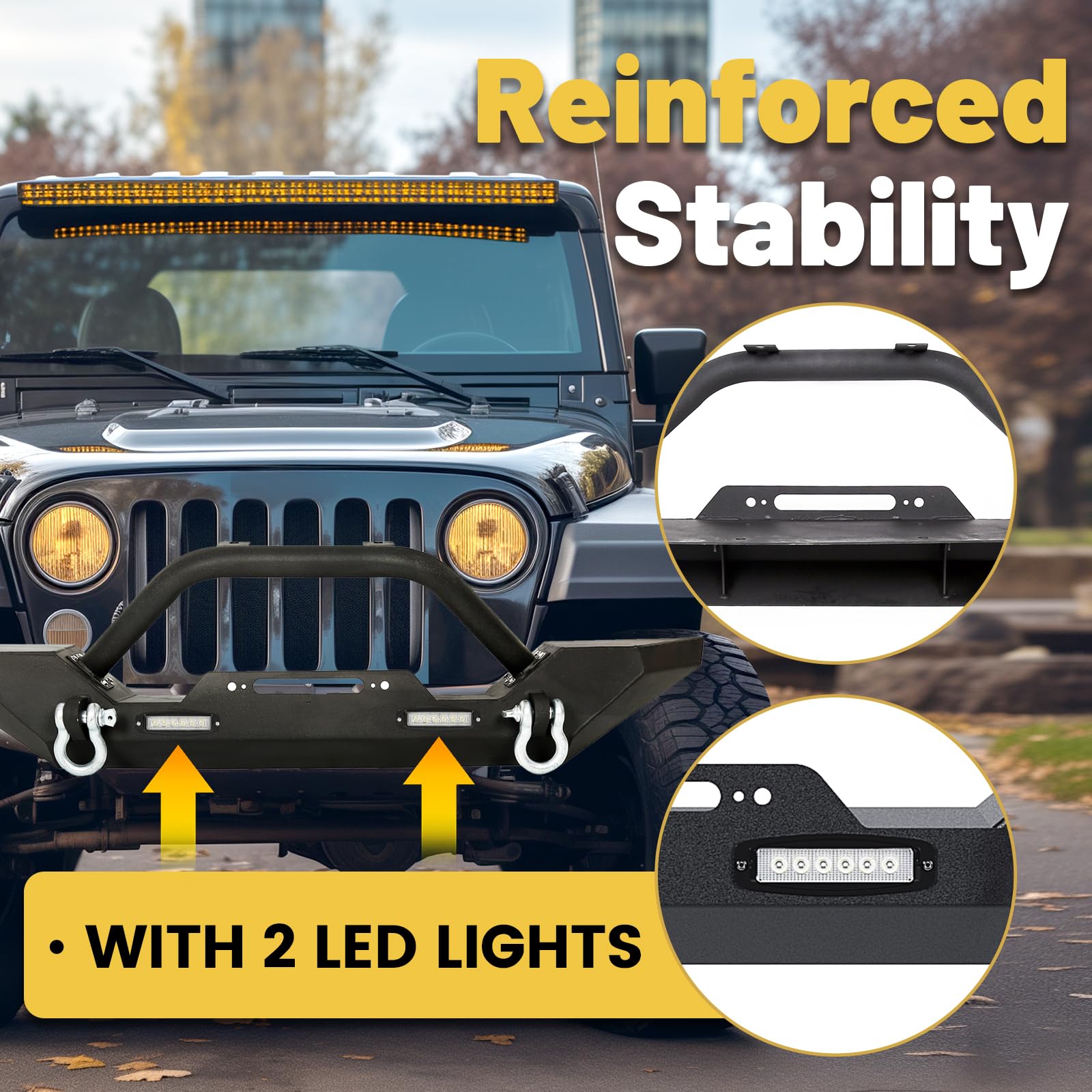 Ecotric Front Bumper Compatible With 1987-2006 Jeep Wrangler Tj Yj With Winch Plate D-Ring And 2 Led Lights Black Rock Crawler H