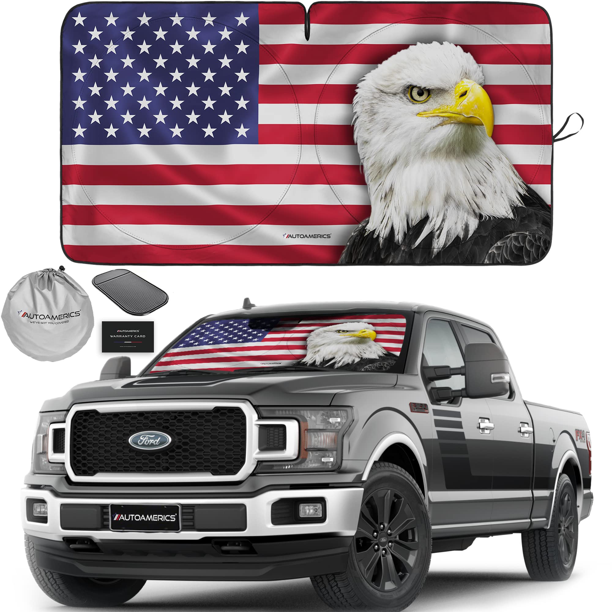 Autoamerics Truck Windshield Sun Shade With Storage Pouch & Anti-Slip Dash Pad - Foldable American Eagle Flag Design - Fits Most