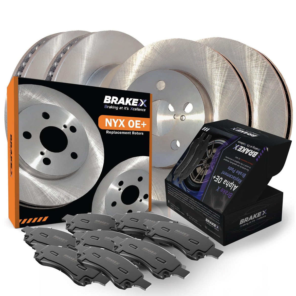 Brake X Front And Rear Brake Pads And Rotors Kit Replacement For 2007 Hyundai Accent | Nyx Oe+ Rotors And Alpha Ceramic Brake Pa
