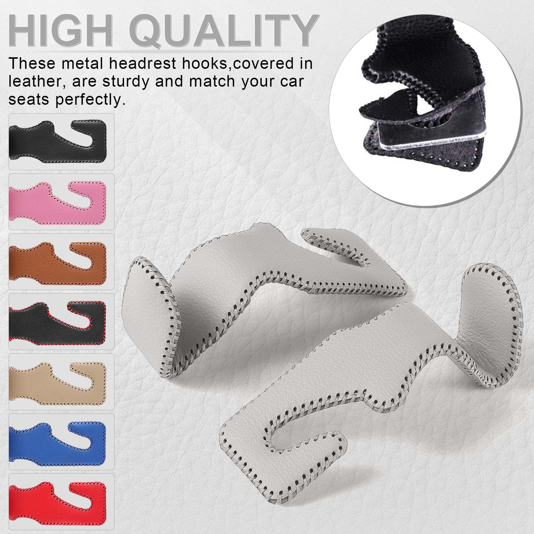 Livtee Gray Superior Leather Car Seat Back Headrest Hook, Auto Seat Hook Hangers Interior Accessories For Purse Coats Umbrellas