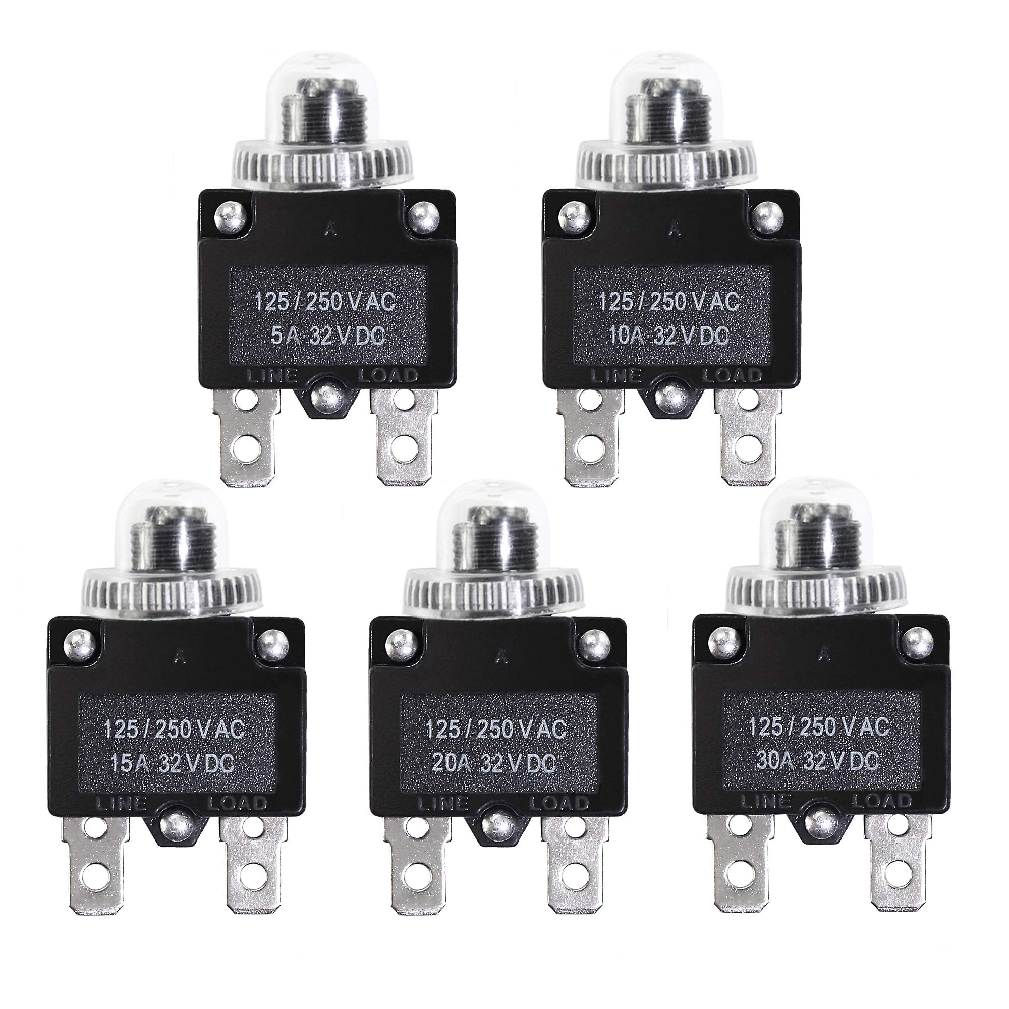 Fuzbaxy 5Pcs 5,10,15,20,30Amp Circuit Breakers With Manual Reset 32Vdc,Ac125-250V With Quick Connect Terminals