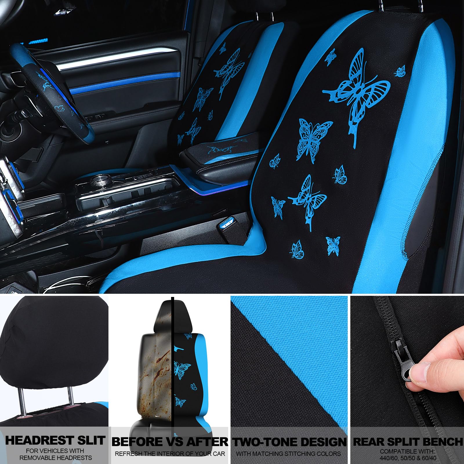 BBTO 43 Pcs Butterfly Car Seat Full Set Butterfly Car Accessories for Women 5 Front Rear Seat Covers Wrist Strap 2 Pcs Cup Mat A