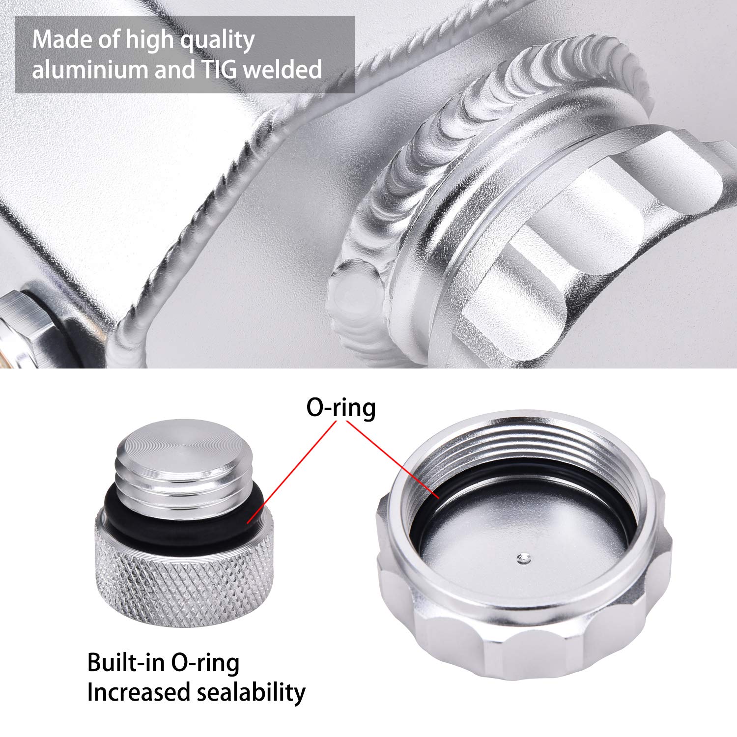 Speedwow Coolant Overflow Tank, Aluminum Radiator Overflow Tank With Teflon Tape & O-Ring Gasket, 1 L Universal Reservoir Expansion Tank (Silver)