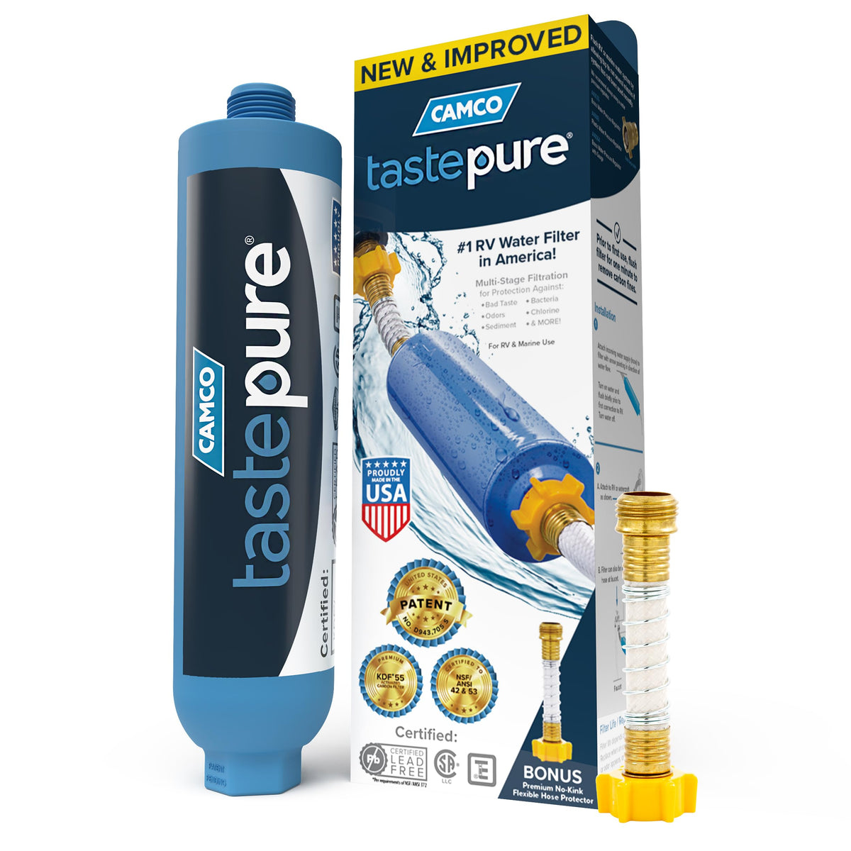 Camco TastePURE RV Water Filter - New & Advanced RV Inline Water Filter with Flexible Hose Protector - GAC & KDF Water Filter - 