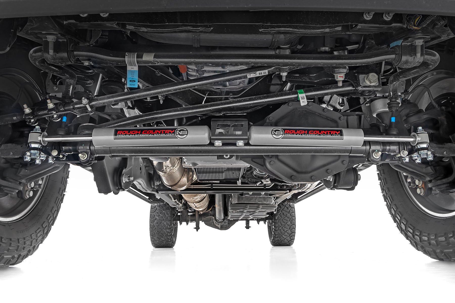 Rough Country N3 Dual Steering Stabilizer - Alloy Steel, Metallic Silver, Model 8749130 for 05-24 Ford Super Duty
