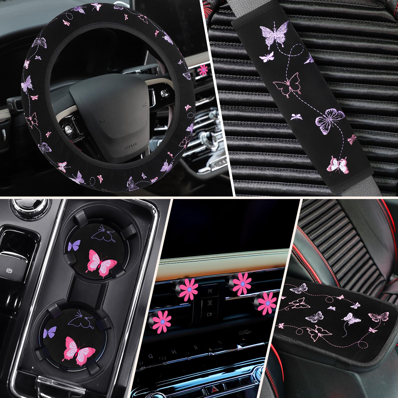 BBTO 19 Pcs Embroidery Cute Car Accessories Set Include Seat Covers, Steering Wheel Cover, Air Vent Clips, Cup Mats, Center Cons