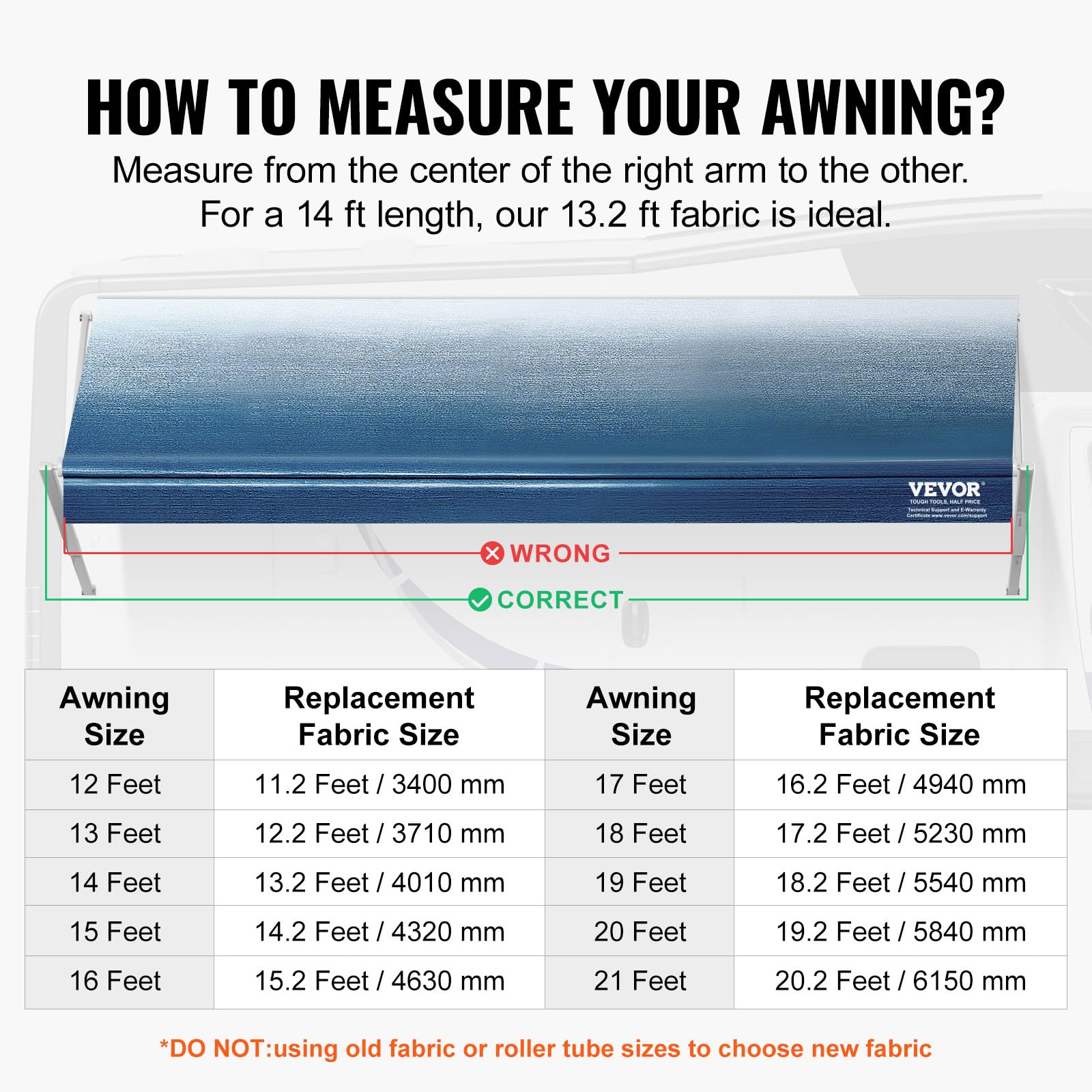 Vevor Rv Awning Fabric Replacement, 13'2'' Fabric Length For 14' Awning, Heavy Duty 3-Ply 16Oz Pvc Camper Awning Fabric, Waterpr