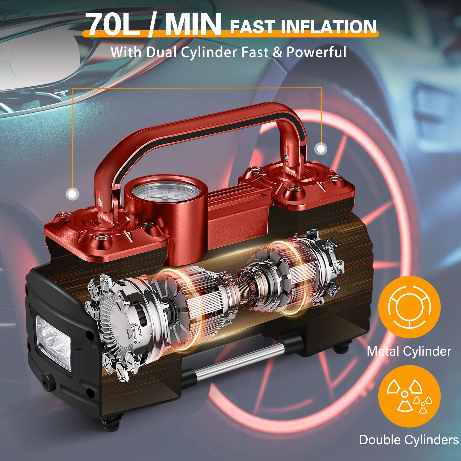 Gspscn Dual Cylinder Dc 12V Air Compressor For Car, Heavy Duty Portable Tire Inflator,Tire Pump 150Psi With Led Light For Auto,T