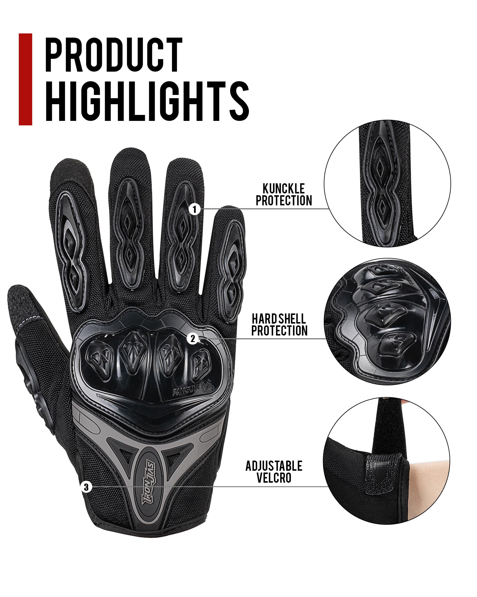 Iron Jia'S Motorcycle Gloves Full Finger Durable For Road Racing Bike Summer Spring Powersports Support Touch Screen Black-L
