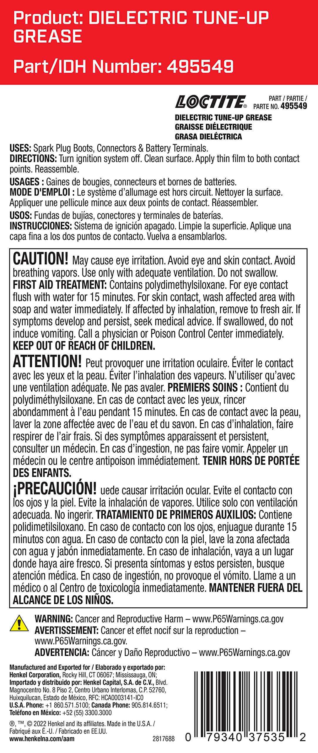 Loctite 37534 Dielectric Grease For Automotive: Provides Moisture-Proof Barrier, Prevents Voltage Leakage, For High-Energy Ignition Systems 80 Ml Tube (Pn: 495549)