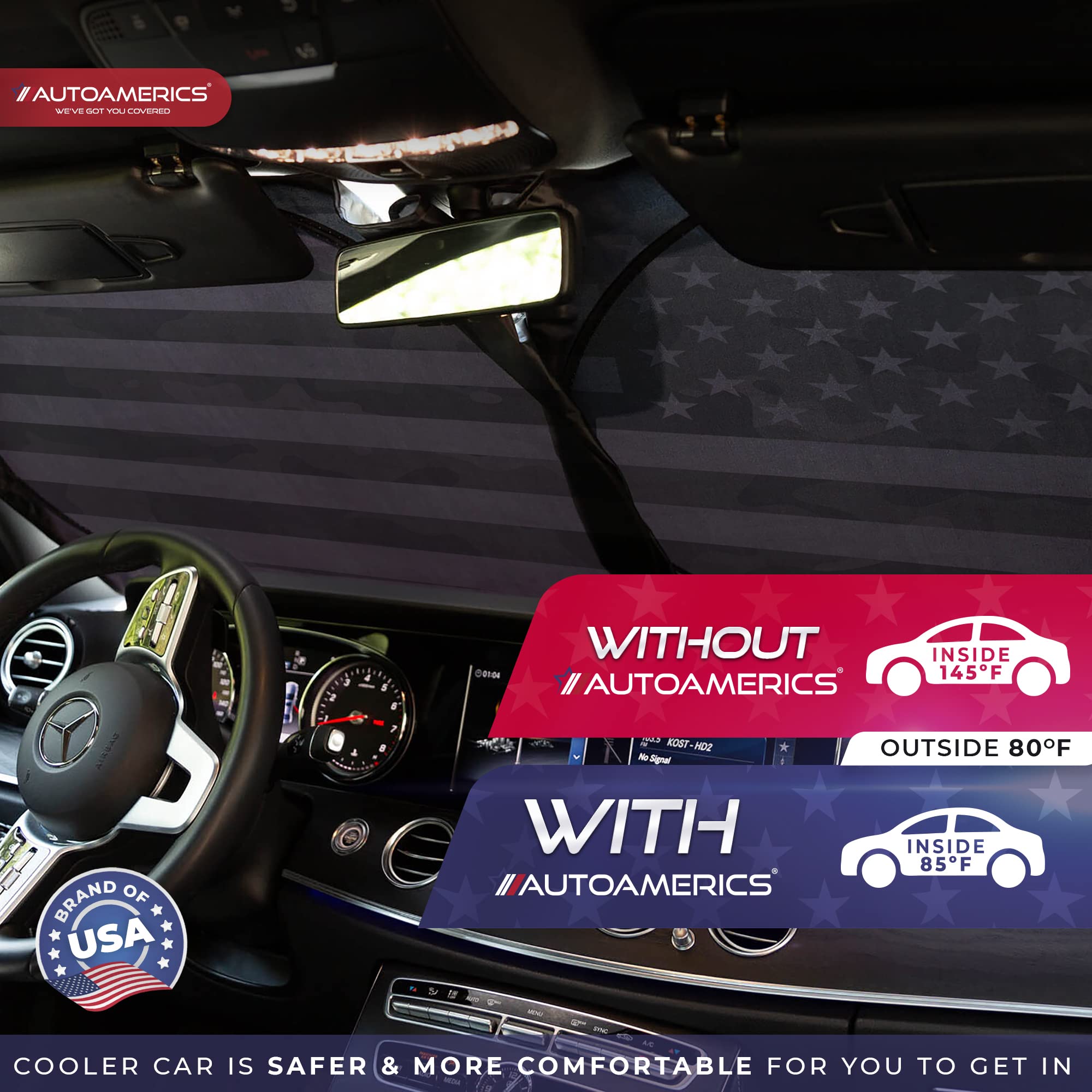 Autoamerics 1-Piece Windshield Sun Shade Green Camo American Flag Usa Design - Foldable Car Front Window Sunshade For Most Sedan