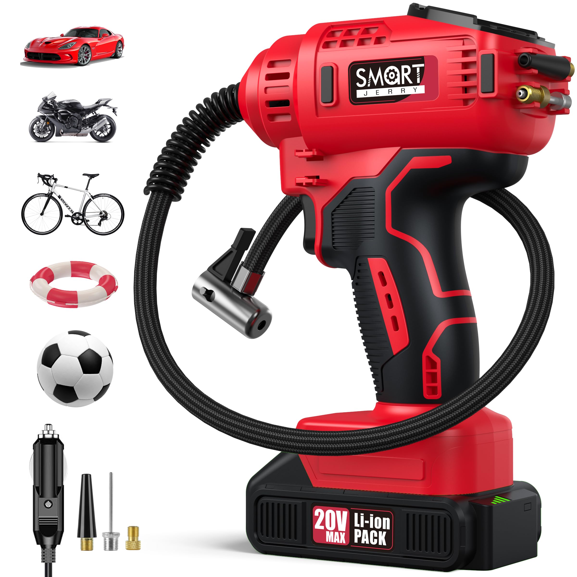 SMART JERRY - Car Tire Inflator Portable Air Compressor | 20V/12V Dual-Power Cordless Air Pump with 150 PSI Max Pressure & Smart
