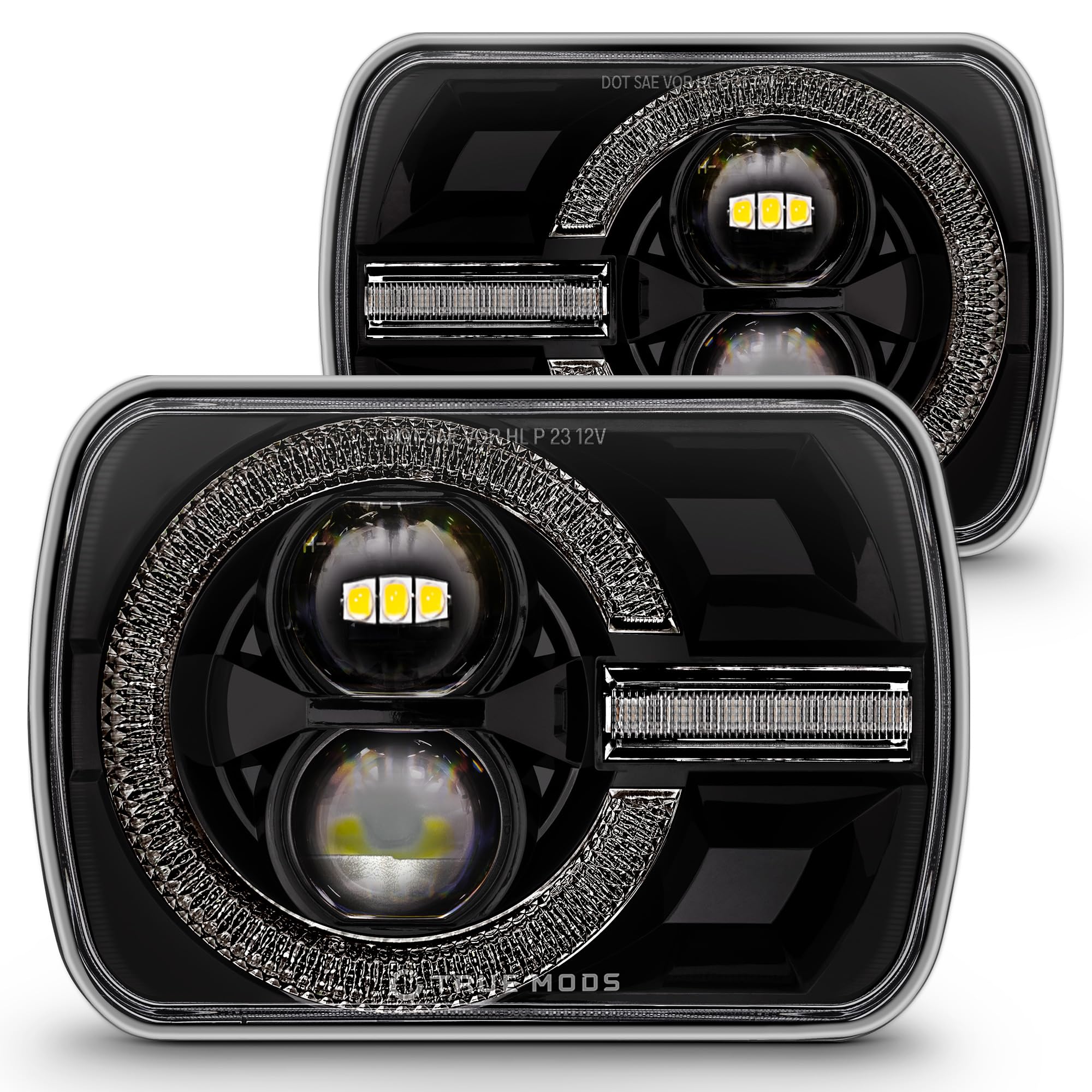 True Mods 5X7 7X6 Inch H6054 Black Led Halo Headlights H4 Sealed Beam Replacement Lamp For Jeep Wrangler Yj Cherokee Xj [Dot App