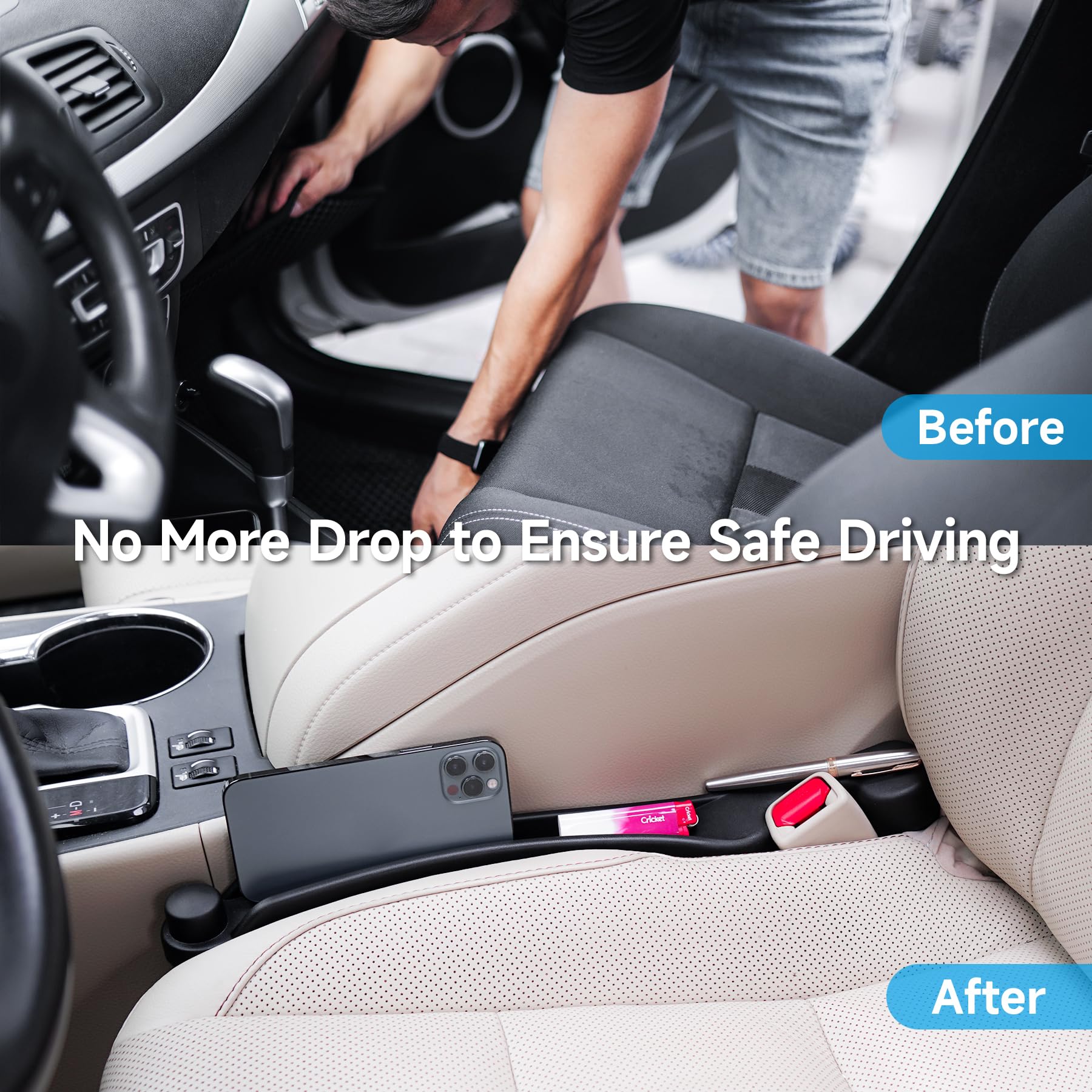 Car Seat Gap Filler Set Of 2, Soft Foam Multifunctional Seat Side Gap Filler With Organizer & Hook Function, 3In1 Gap Stopper Un