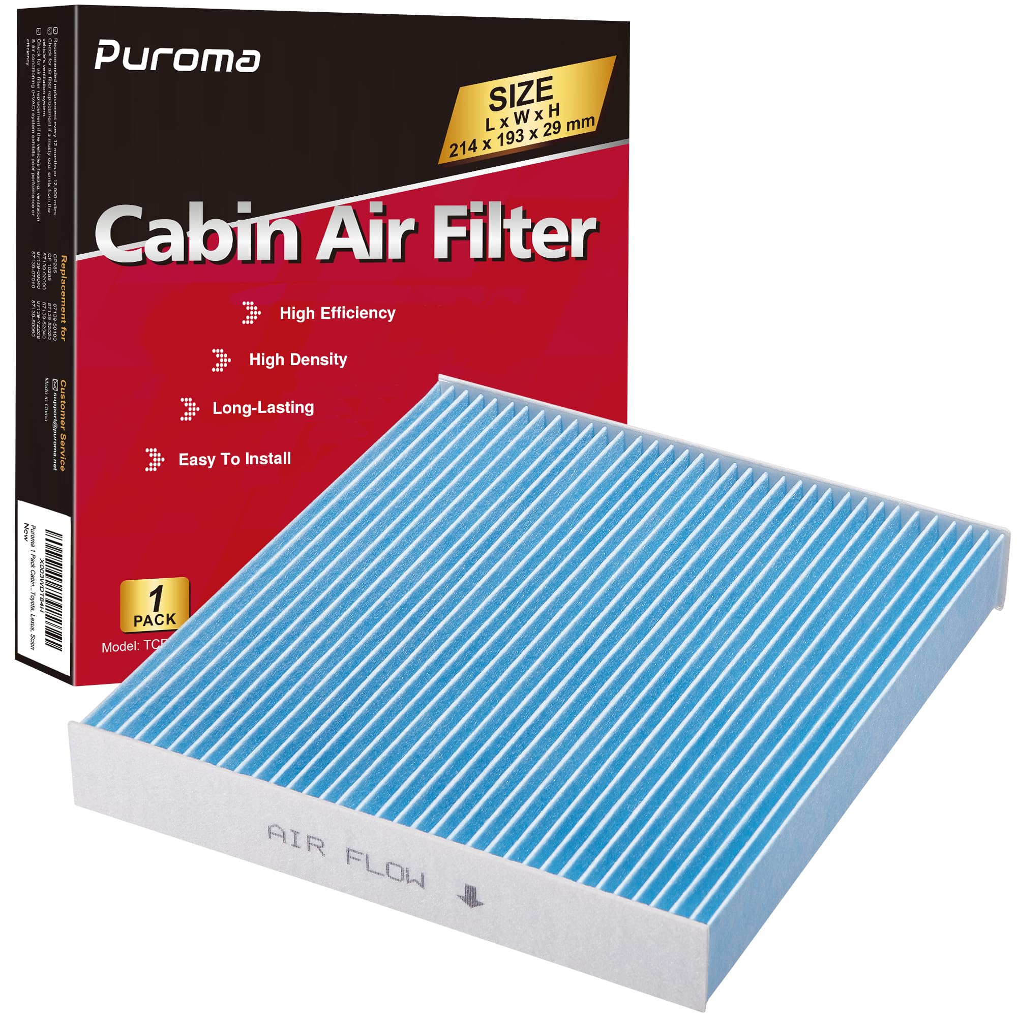 Puroma 1 Pack Cabin Air Filter With Blue Multiple Fiber Layers Replacement For Cp285, Cf10285, Toyota Avalon, Camry, Corolla, Pr