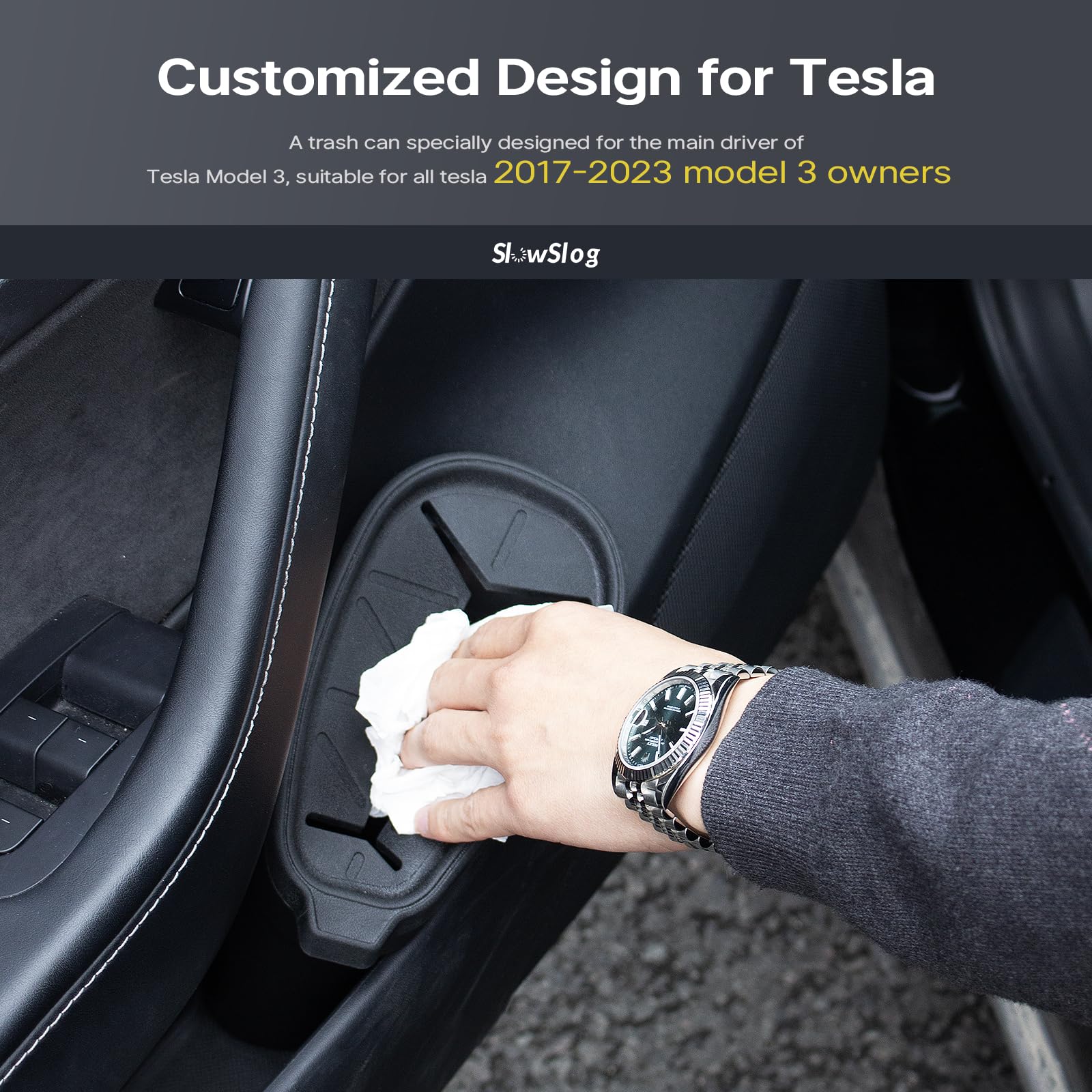 Slow Slog Trash Can for Tesla, Garbage Can for Tesla Model 3 2017-2023, Car Trash Bin with Cover (Only Fits Driver Door) Tesla M