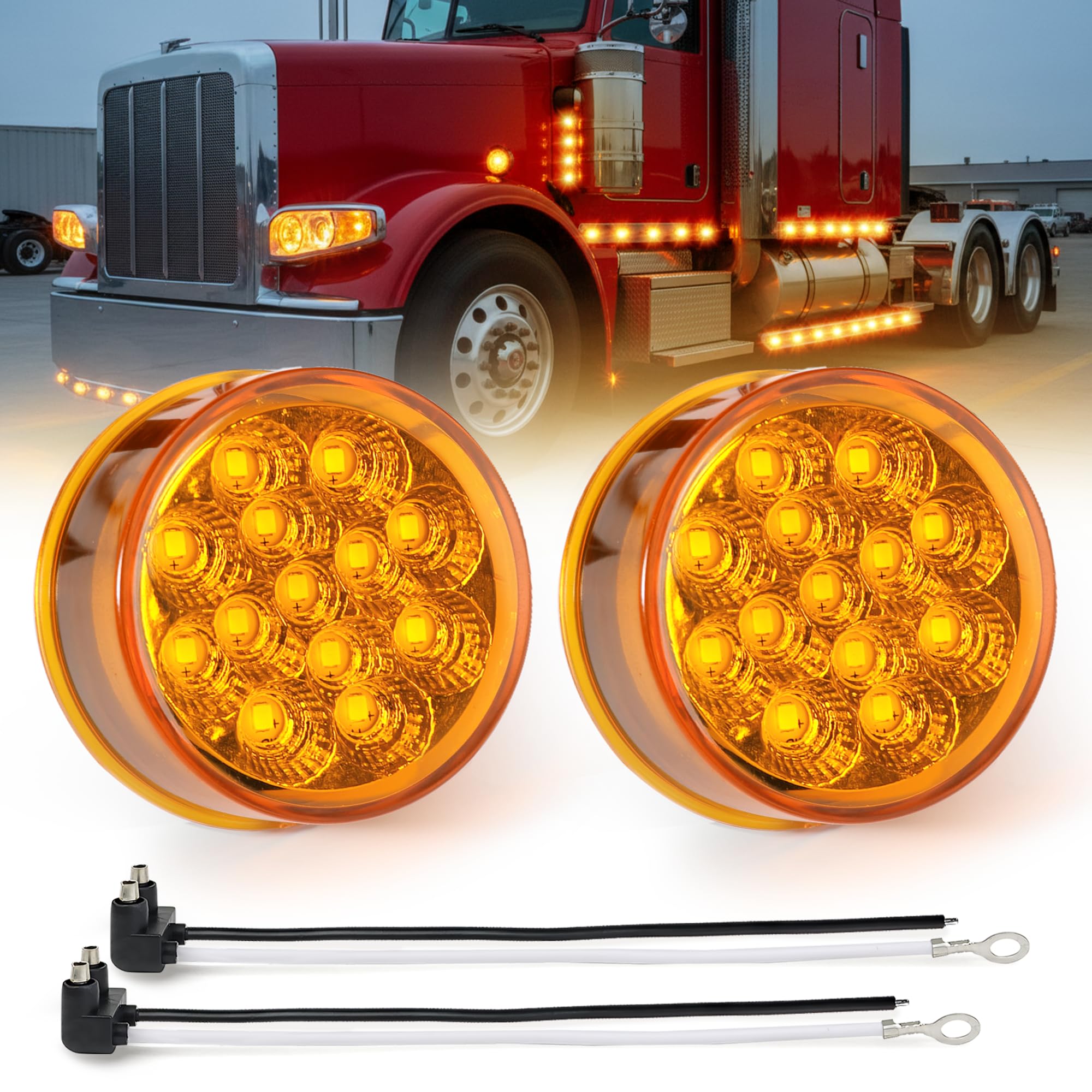 MADCATZ 2Pcs 2.5    Mini Round Amber LED Marker Lights 13 Diodes Reflectors w/2-Prong Pigtail, Sealed Waterproof 12V DC for Truc