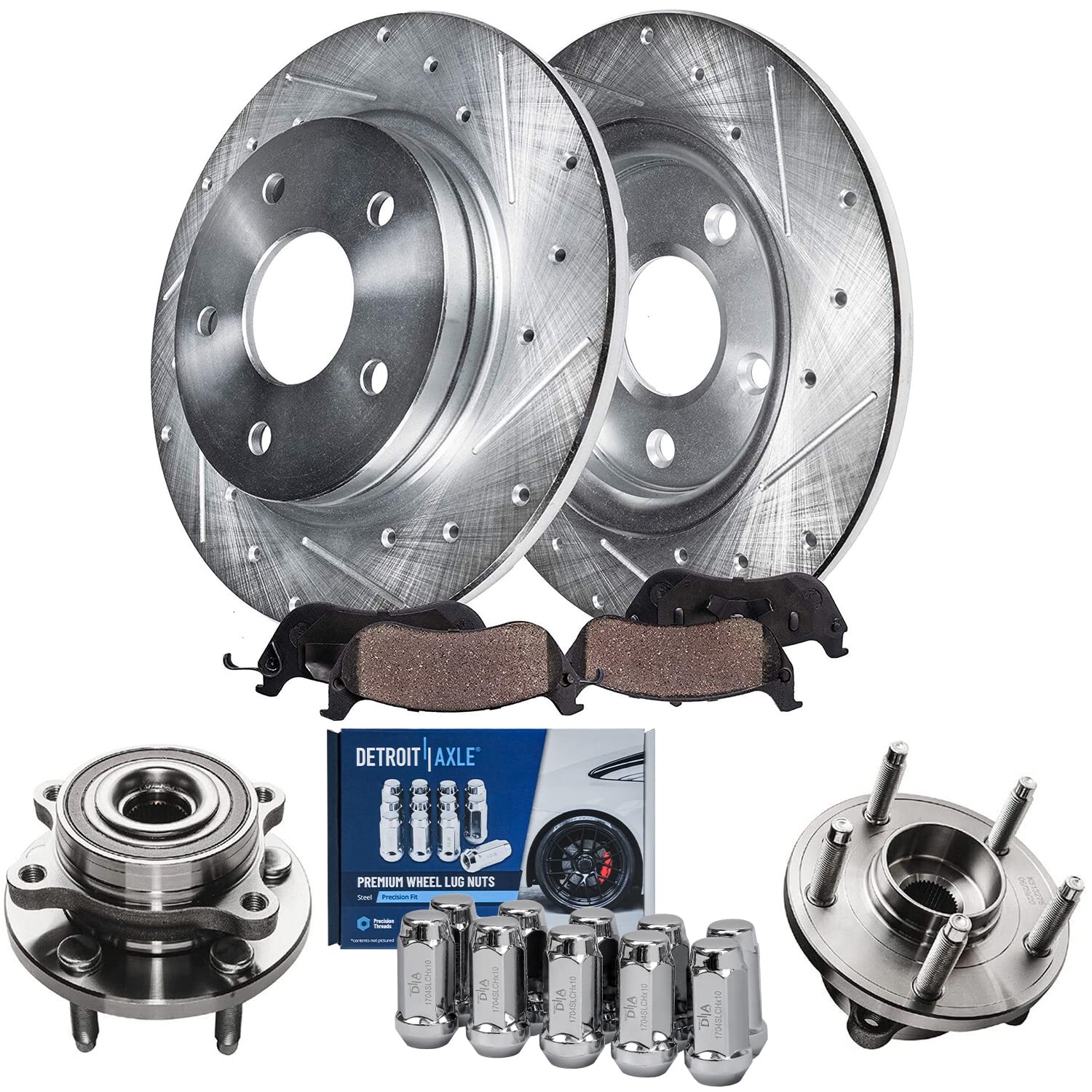 Detroit Axle - 330mm Rear Drilled Rotors Brake Pads Wheel Hubs + 10pc Lug Nuts Replacement for Taurus Flex MKS MKT - 16pc Set