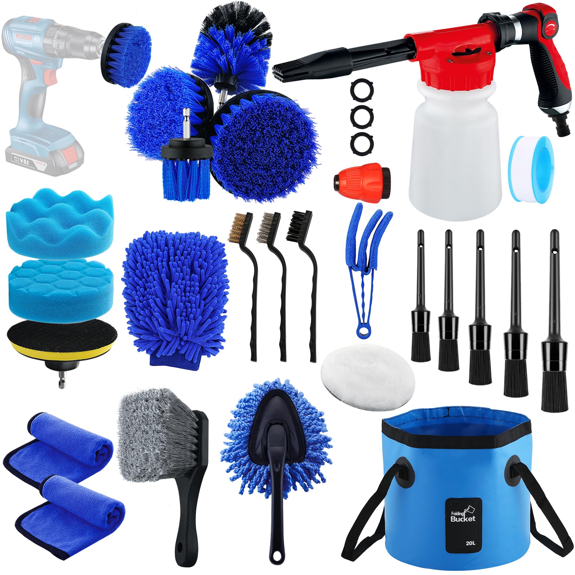 27Pcs Car Wash Cleaning Kit With Foam Gun, Car Detailing Kit, Auto Detail Supplies Tools With Wheel Drill Brush Set, Car Polishi