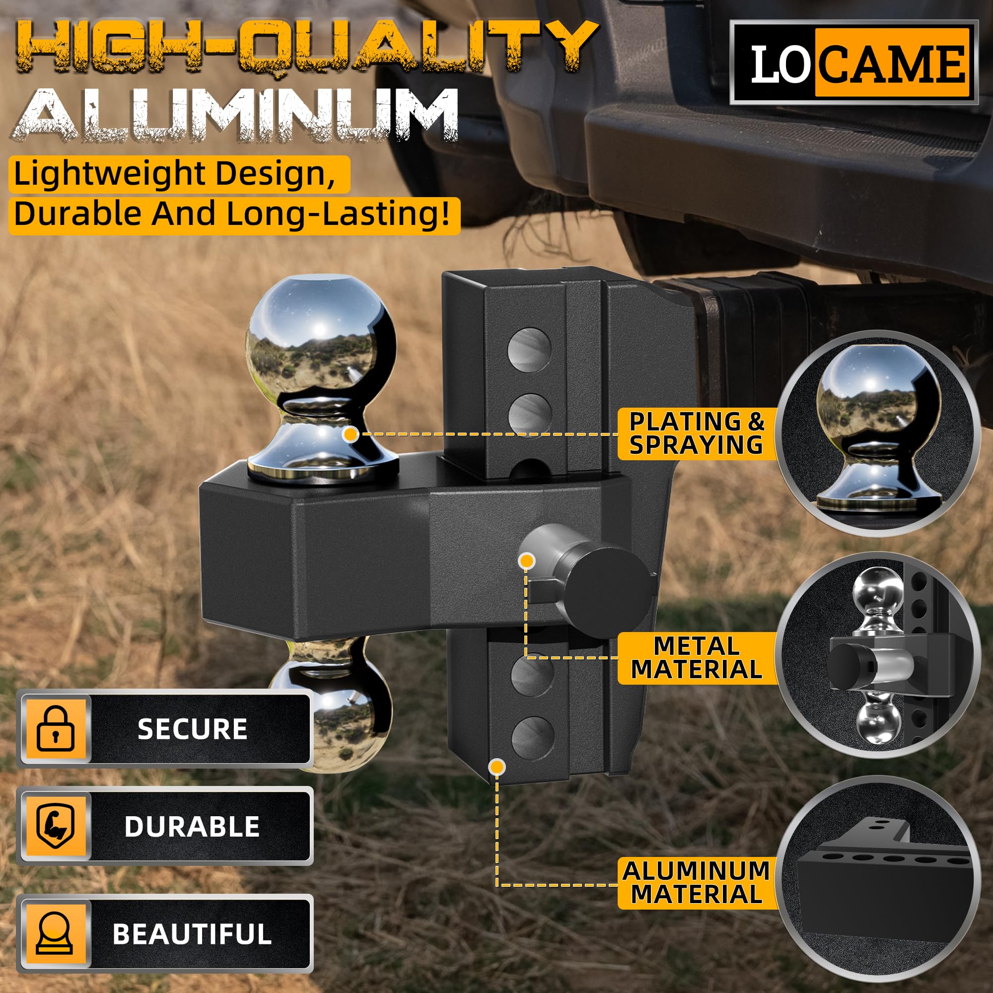 LOCAME Adjustable Trailer Hitch, 6-Inch Drop/Rise, Aluminum, 12,500 LBS GTW, Black, Model LC0024